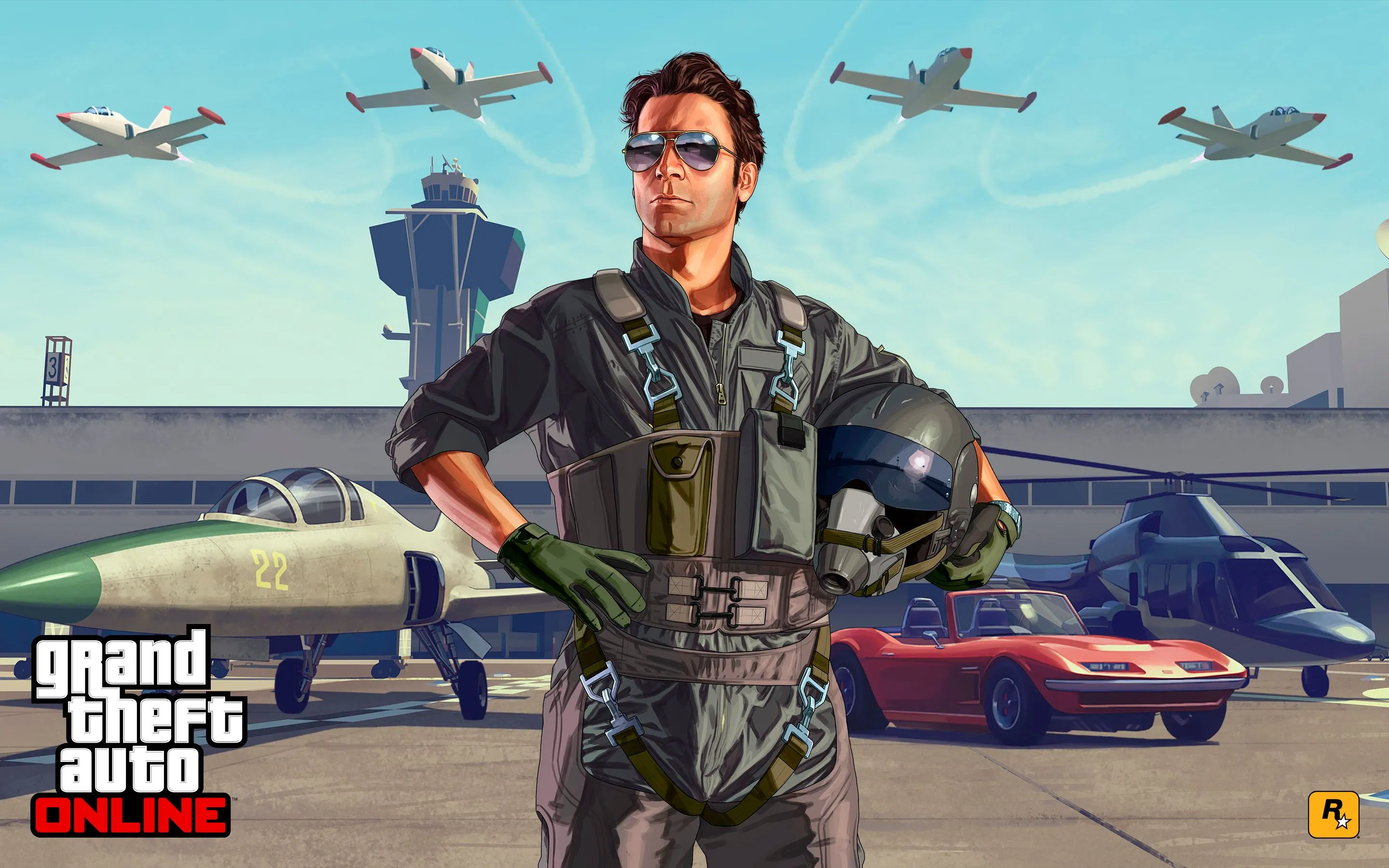 Hình ảnh quảng bá của Grand Theft Auto Online với phi công đứng trên đường băng và máy bay bay lượn.