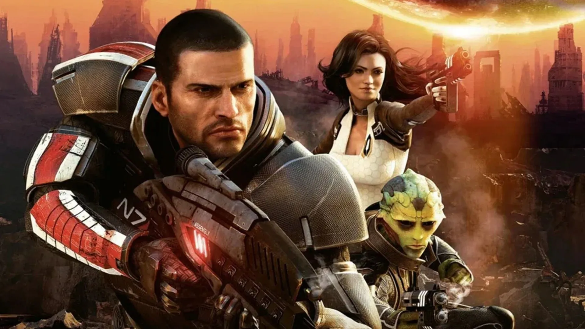 Hình ảnh quảng bá Mass Effect 2, nhấn mạnh câu chuyện sử thi khoa học viễn tưởng và các nhân vật biểu tượng