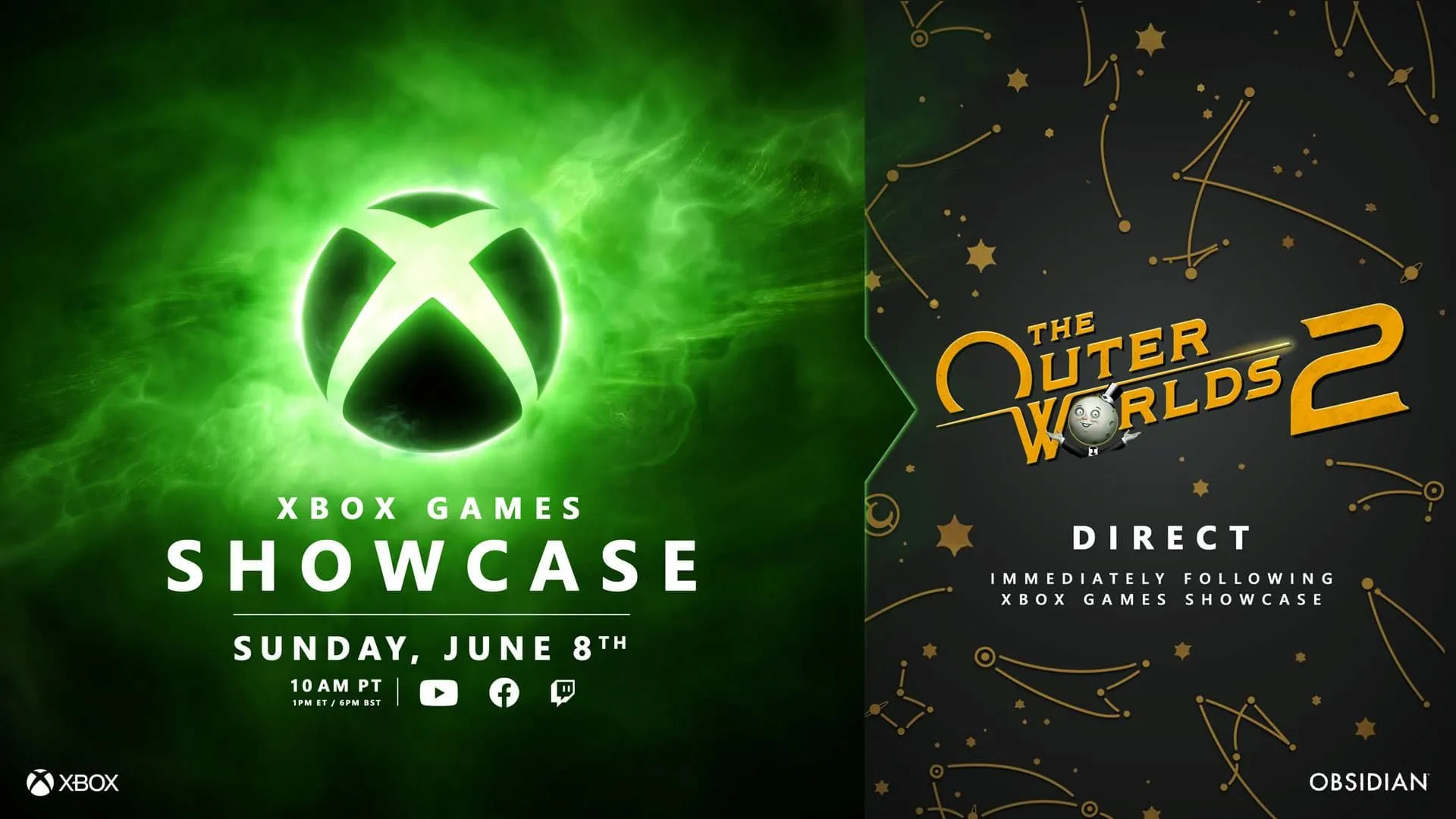 Hình ảnh quảng bá Xbox Games Showcase 2025 cùng với logo của The Outer Worlds 2 Direct