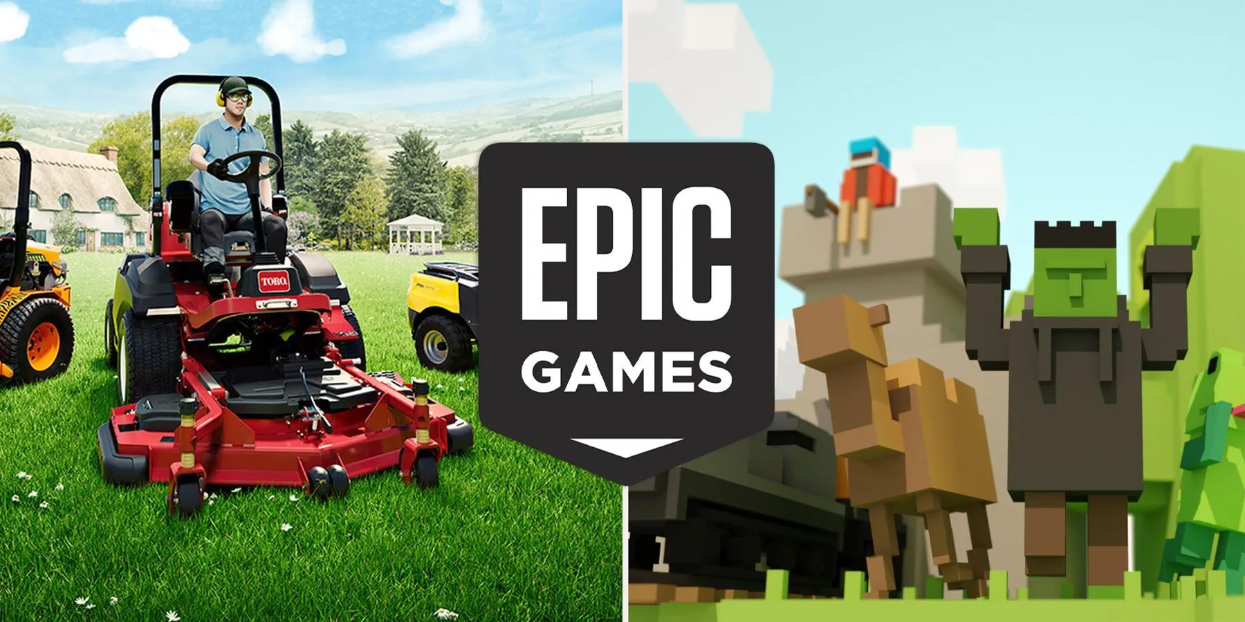 Hình ảnh quảng cáo game miễn phí trên Epic Games Store, bao gồm Lawn Mowing Simulator và Unrailed