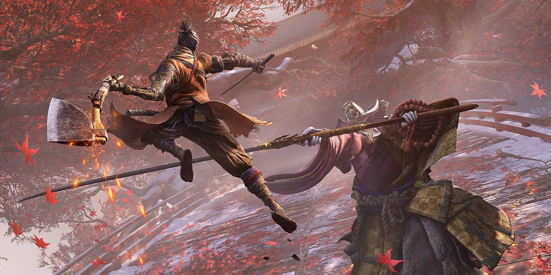 Hình ảnh quảng cáo game Sekiro: Shadows Die Twice với Shinobi Wolf tấn công quái vật nhà sư khổng lồ khi nhảy lên không trung