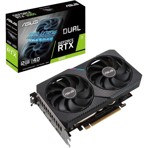 Hình ảnh render của card đồ họa Asus Dual RTX 4060 V2 OC bên cạnh hộp bán lẻ của nó, thể hiện sự mạnh mẽ trong phân khúc tầm trung.