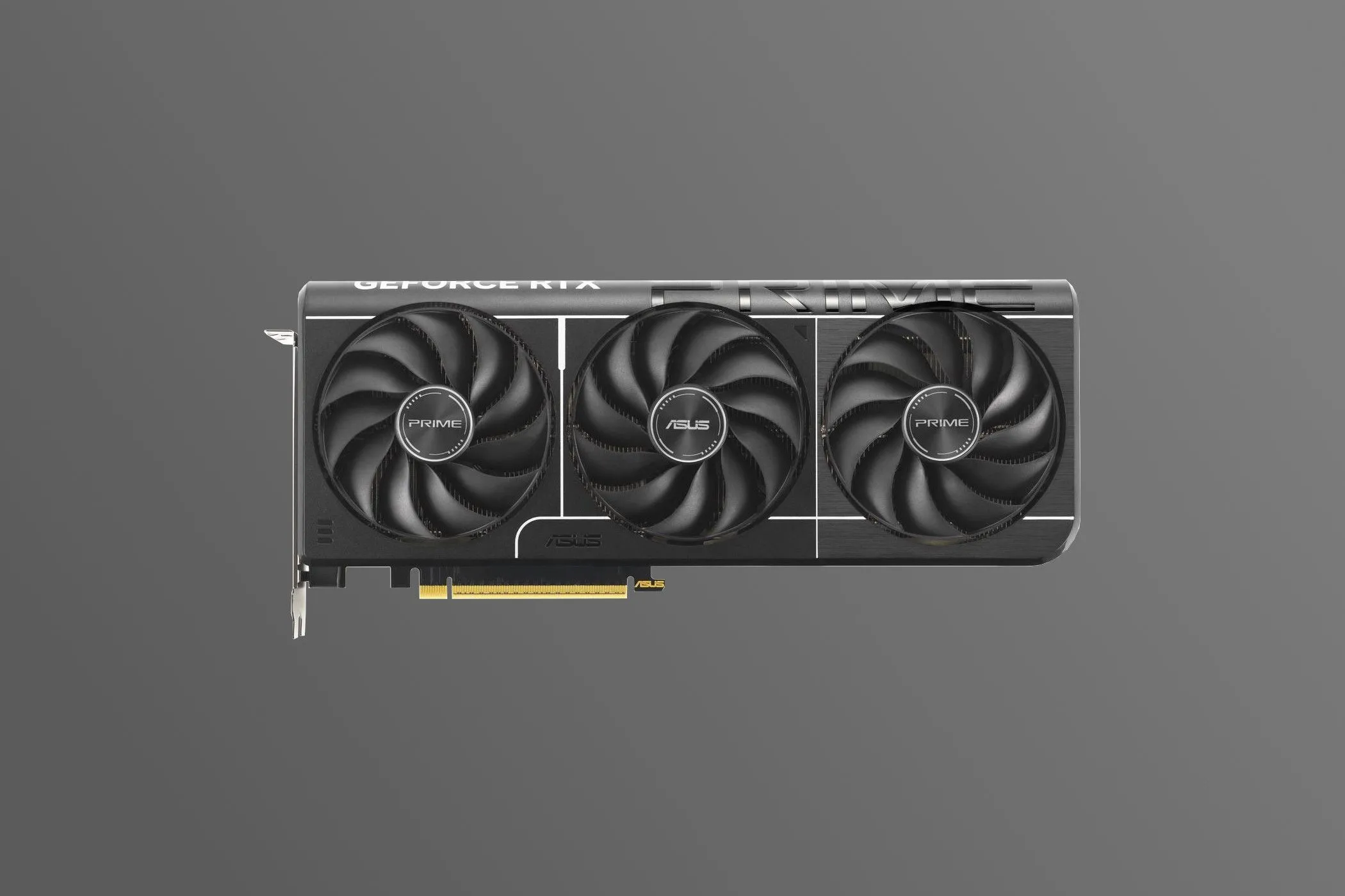 Hình ảnh render của card đồ họa Asus Prime GeForce RTX 5070, nổi bật tản nhiệt ba quạt.