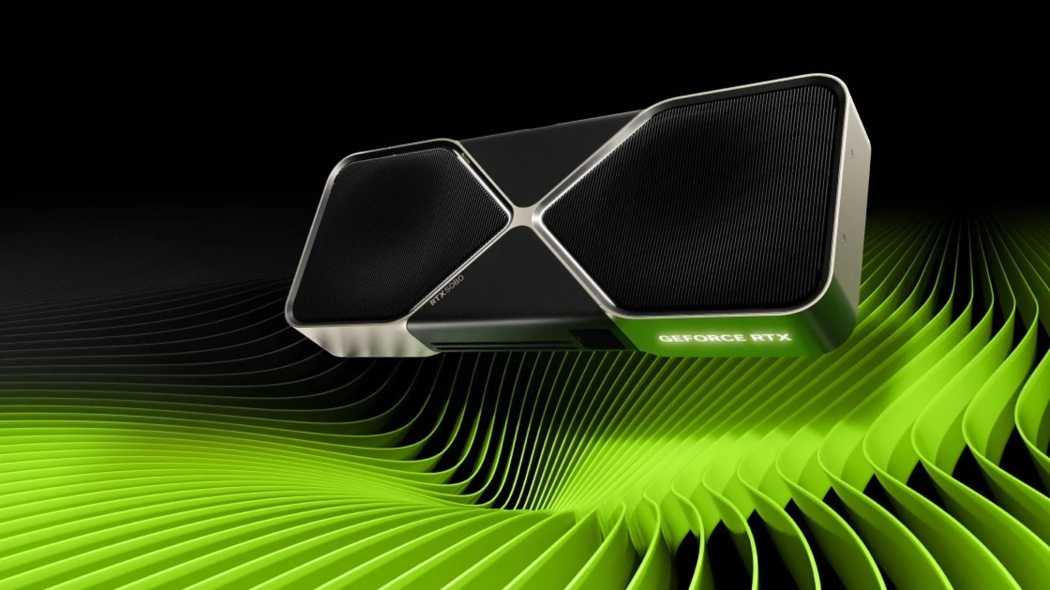 Hình ảnh render của card đồ họa Nvidia GeForce RTX 5080 trên nền xanh, tượng trưng cho những sản phẩm &quot;paper launch&quot; khó tiếp cận