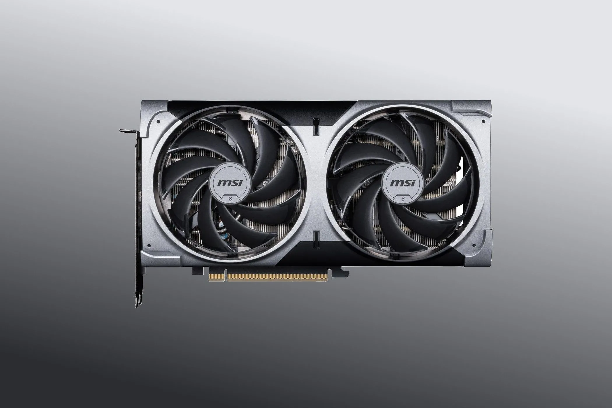 Hình ảnh render của MSI GeForce RTX 5070 Ventus 2X OC, nhấn mạnh thiết kế nhỏ gọn hai quạt.
