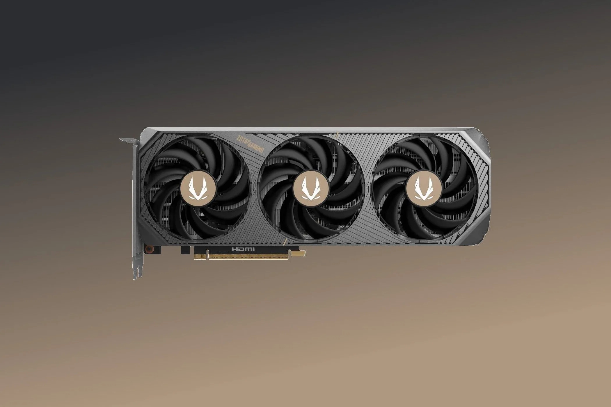 Hình ảnh render Zotac Solid GeForce RTX 5070, nổi bật với các chi tiết đồng và tản nhiệt IceStorm 2.0.