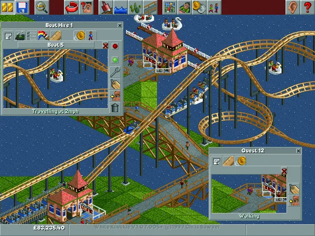 Hình ảnh RollerCoaster Tycoon từ bản dựng ban đầu cho thấy đường đi và các công trình cơ bản