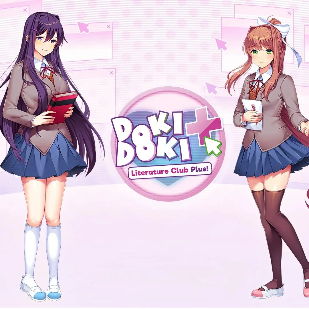 Hình ảnh sản phẩm của game Doki Doki Literature Club Plus, với các nhân vật nữ chính của câu lạc bộ văn học trong một khung cảnh mang màu sắc vừa dễ thương vừa u ám.