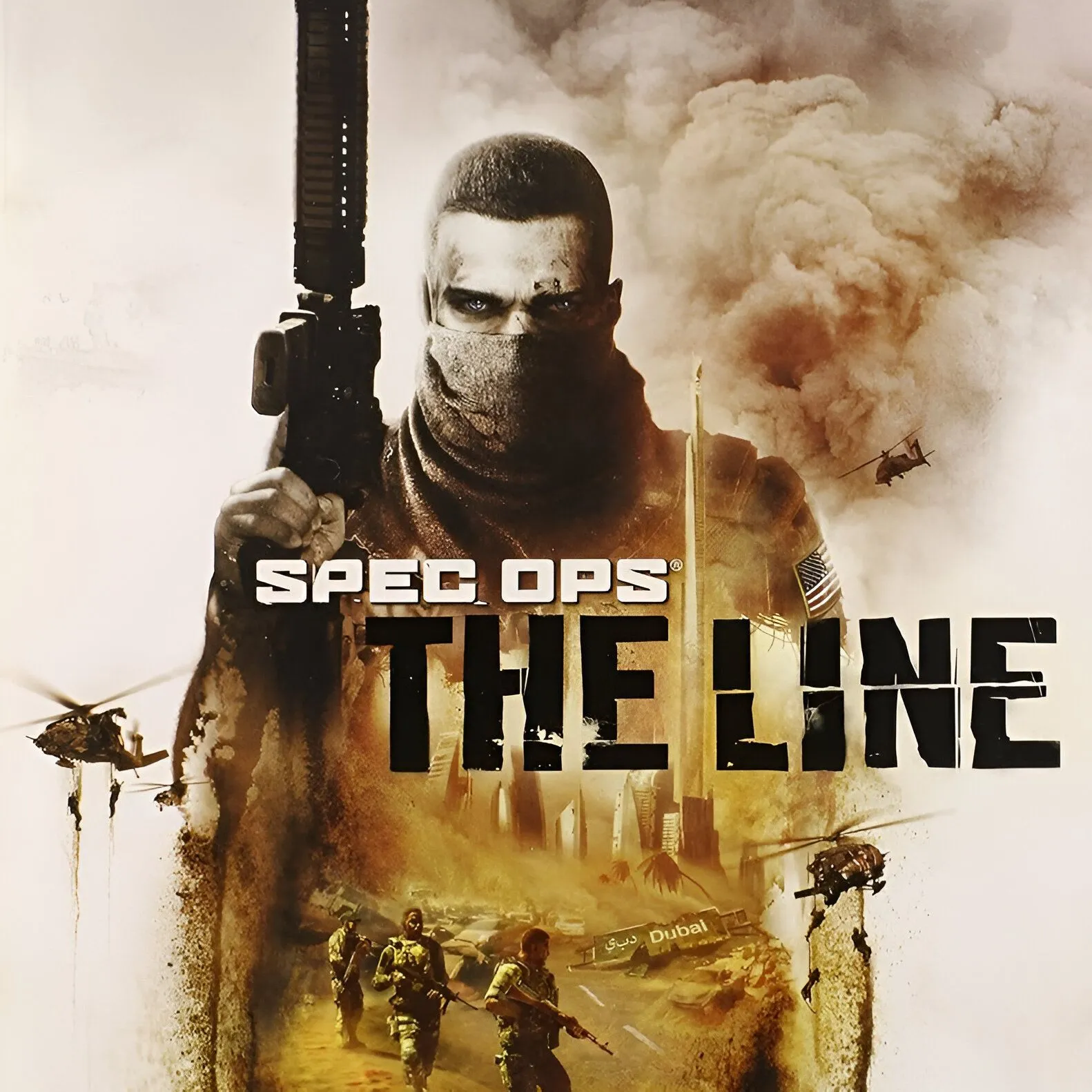 Hình ảnh sản phẩm của game Spec Ops: The Line, với nhân vật chính Captain Martin Walker trong bộ quân phục và bối cảnh thành phố Dubai đổ nát, thể hiện không khí u ám của game.