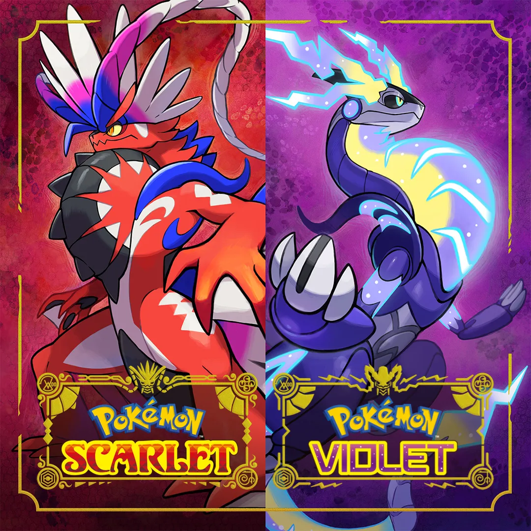 Hình ảnh sản phẩm game Pokémon Scarlet và Violet, có hai Pokémon huyền thoại Koraidon và Miraidon ở hai bên, tượng trưng cho hai phiên bản của trò chơi.