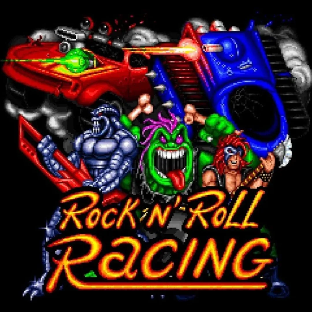 Hình ảnh sản phẩm game Rock n' Roll Racing trên SNES, thể hiện đồ họa isometric.