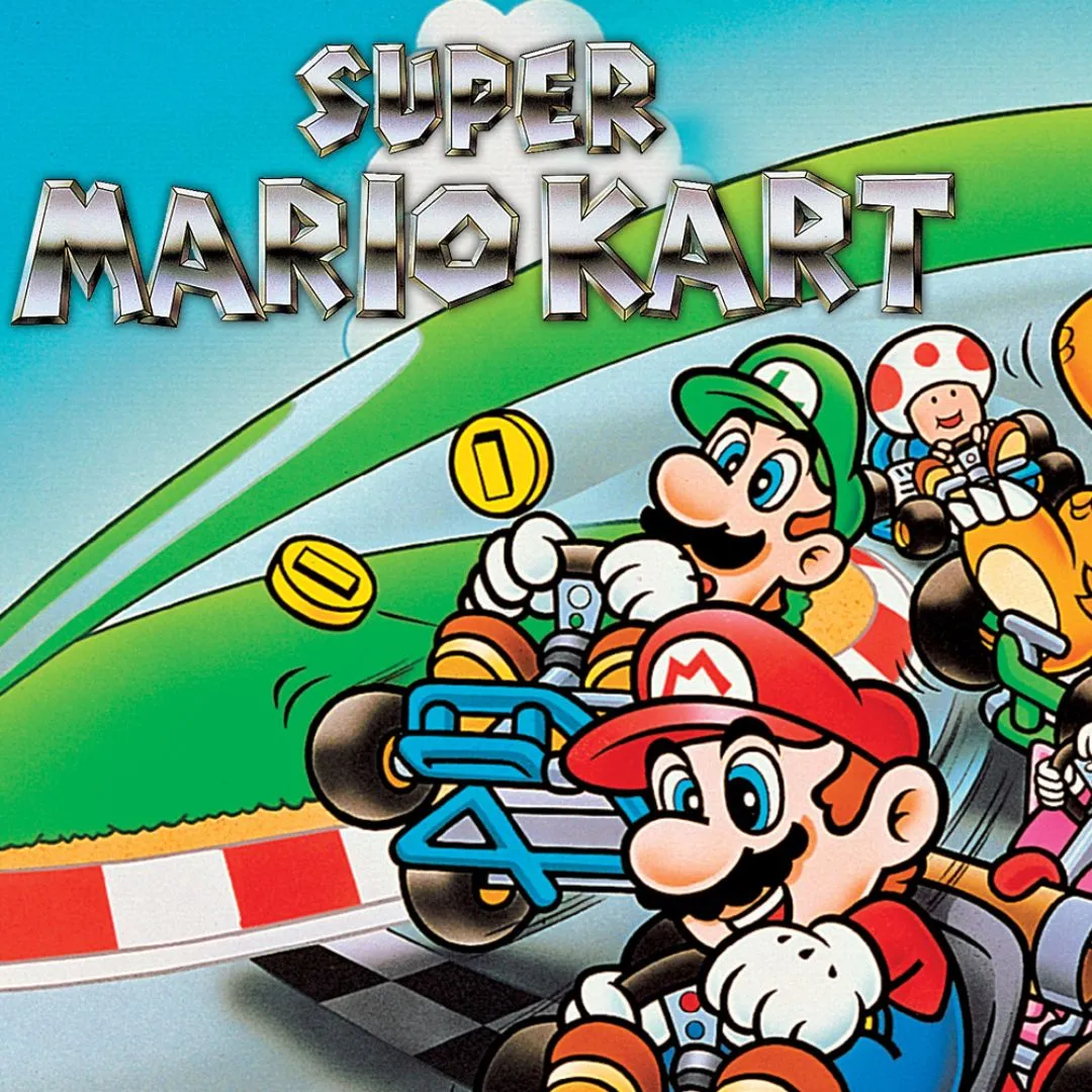 Hình ảnh sản phẩm game Super Mario Kart trên SNES, hiển thị các nhân vật nổi tiếng của Mario.
