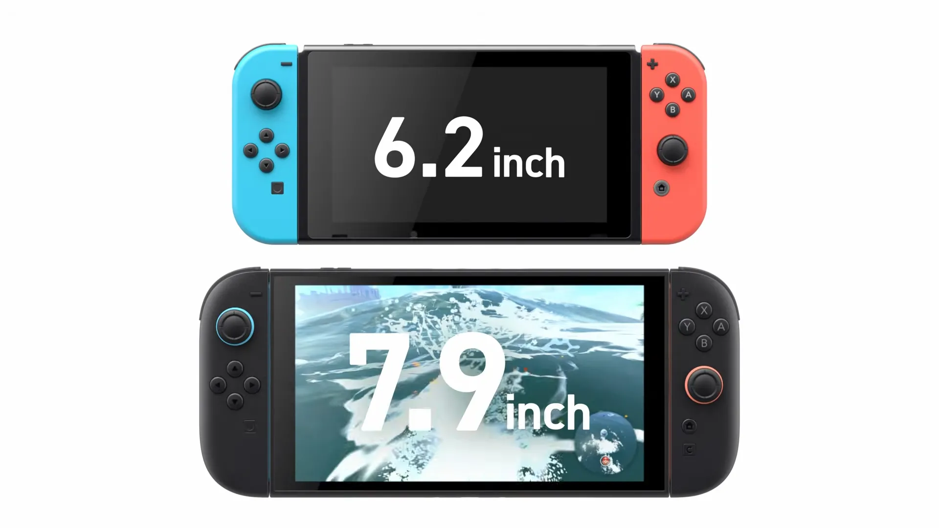 Hình ảnh so sánh trực quan kích thước màn hình giữa Nintendo Switch và Nintendo Switch 2, cho thấy sự khác biệt rõ rệt