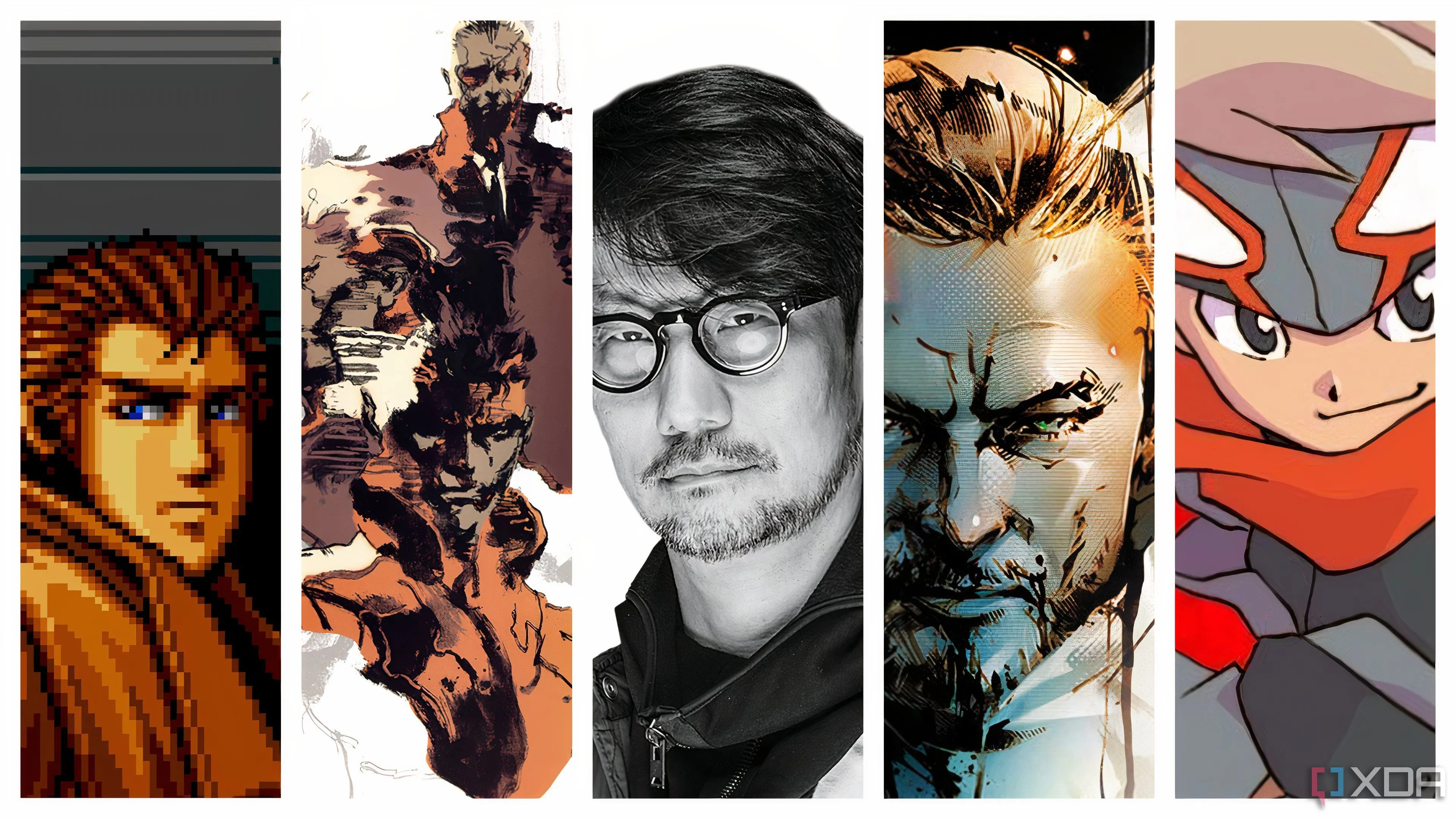 Hình ảnh tổng hợp Hideo Kojima và các tác phẩm nổi bật của ông như Snatcher, Metal Gear Solid, Death Stranding và Boktai.