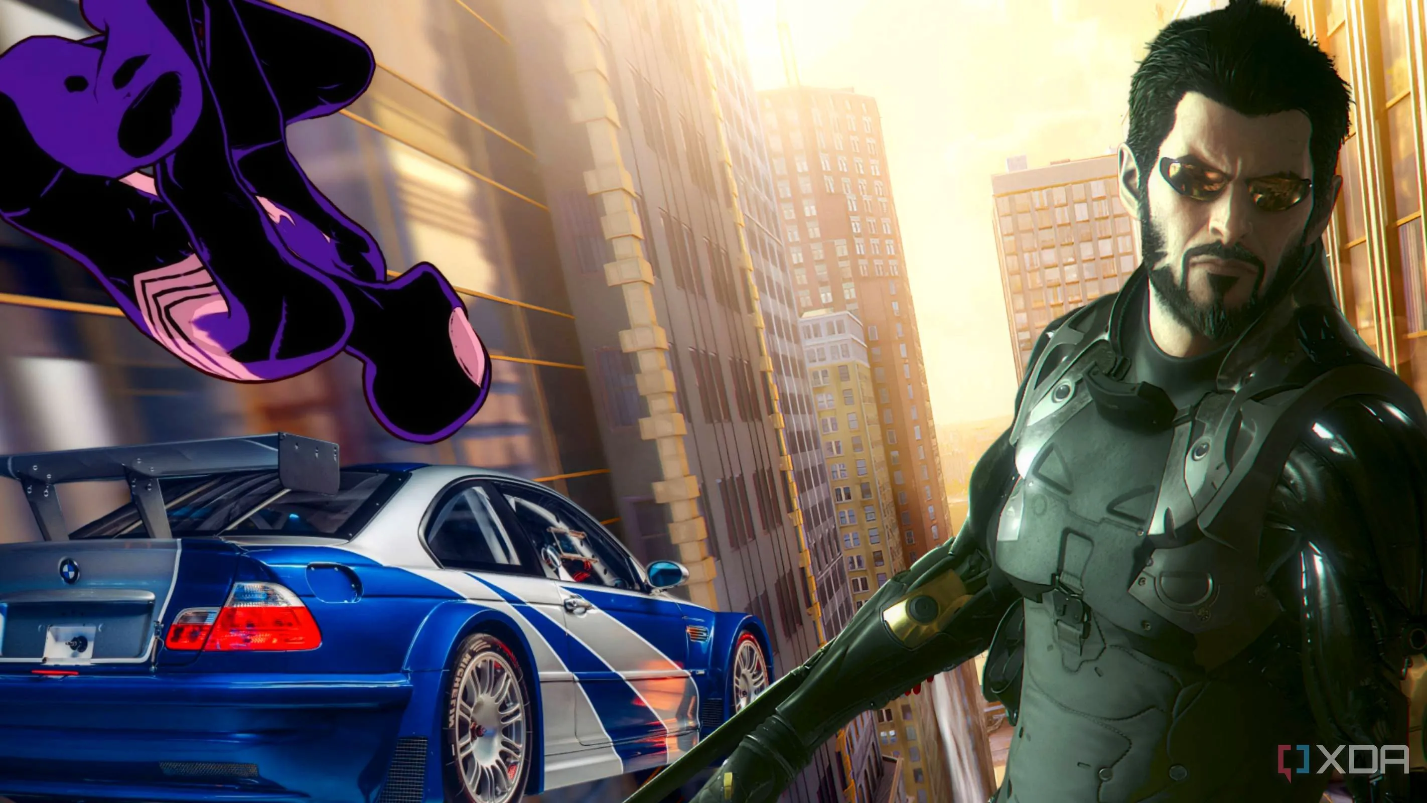 Hình ảnh tổng hợp xe BMW, Spider-Man phiên bản màu tím và Adam Jensen (Deus Ex) đại diện cho những tựa game và phần tiếp theo bị hủy bỏ mà người hâm mộ tiếc nuối