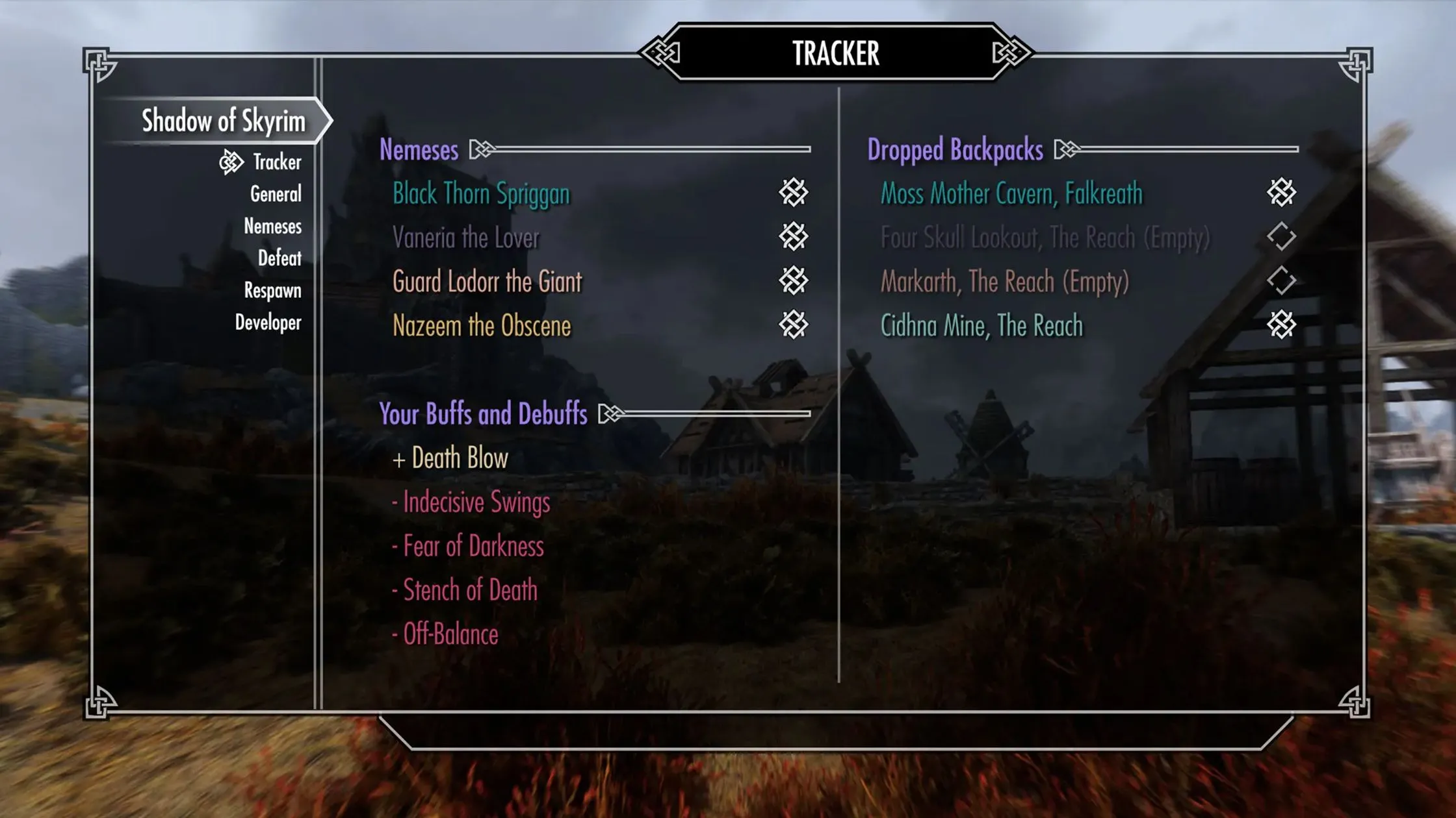 Hình ảnh trong game minh họa cơ chế Nemesis của mod Shadow of Skyrim, nơi kẻ địch đánh bại người chơi sẽ trở nên mạnh hơn.