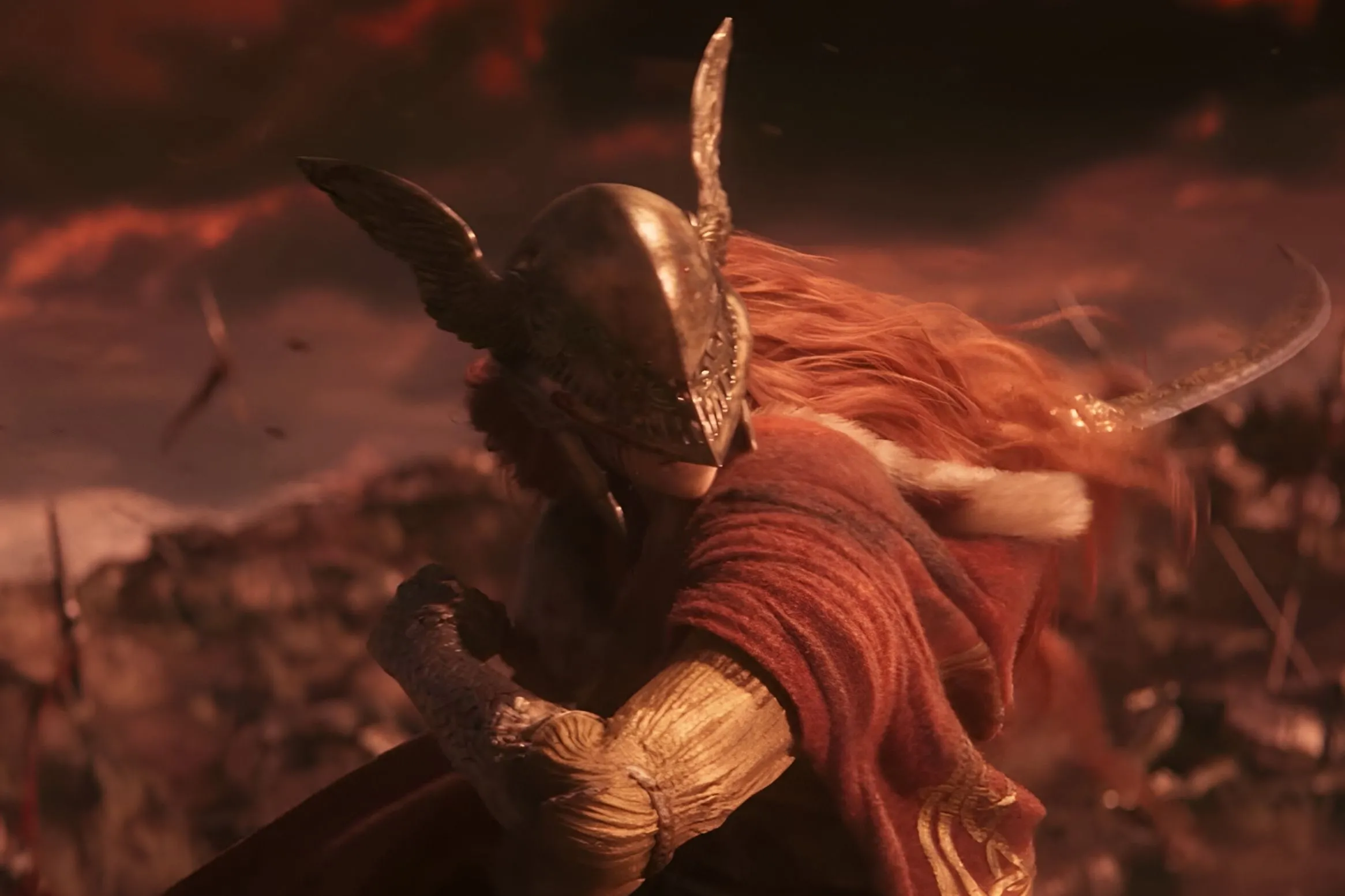 Hình ảnh từ game Elden Ring, cho thấy Malenia, Blade of Miquella, với chiếc mũ cánh và thanh kiếm sắc bén.