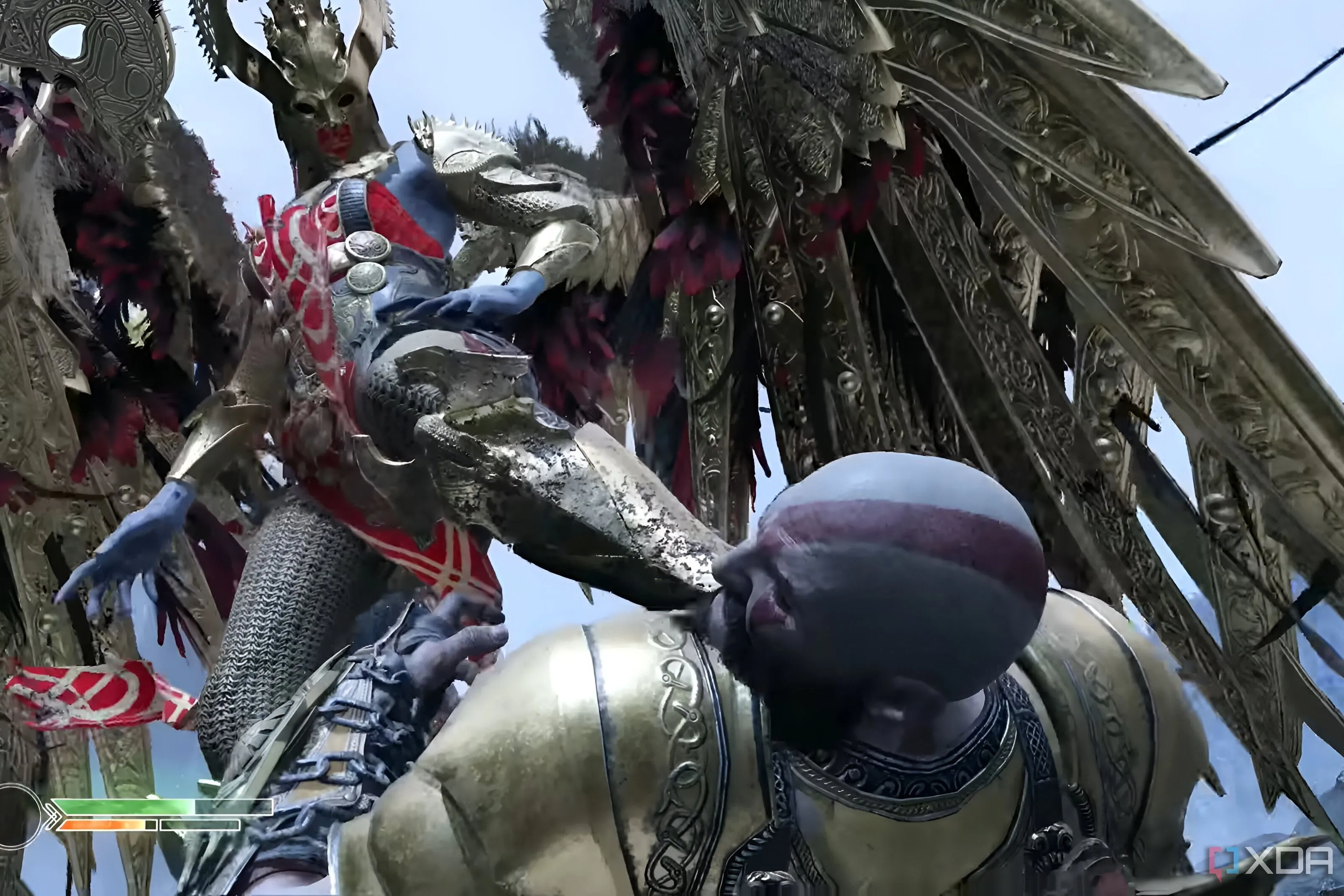 Hình ảnh từ game God of War (2018), cho thấy Sigrun, Nữ hoàng Valkyrie, đặt chân lên mặt Kratos.