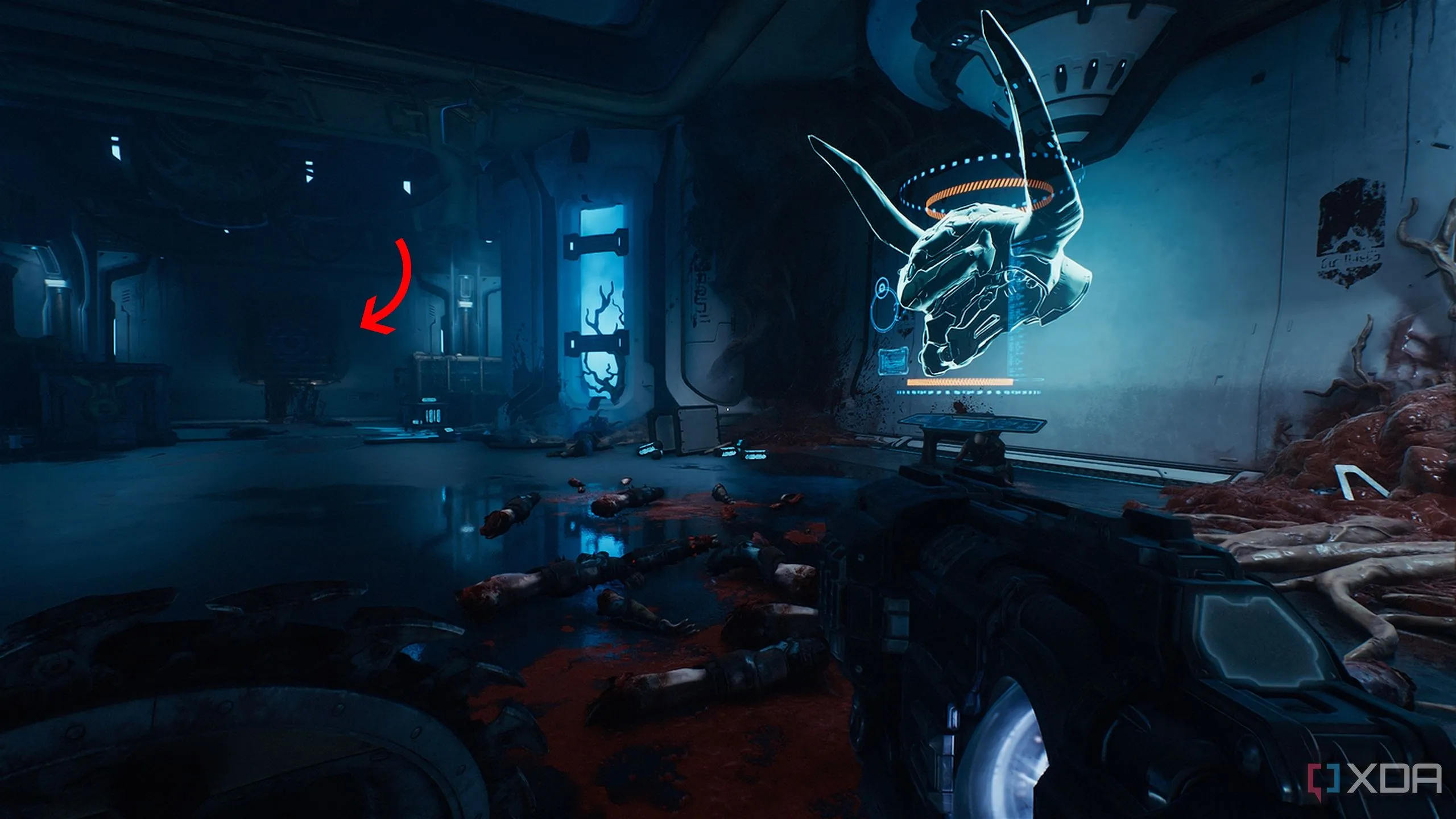 Hình chiếu đầu Atlan Mech và các kẻ thù có lá chắn plasma trong Doom The Dark Ages