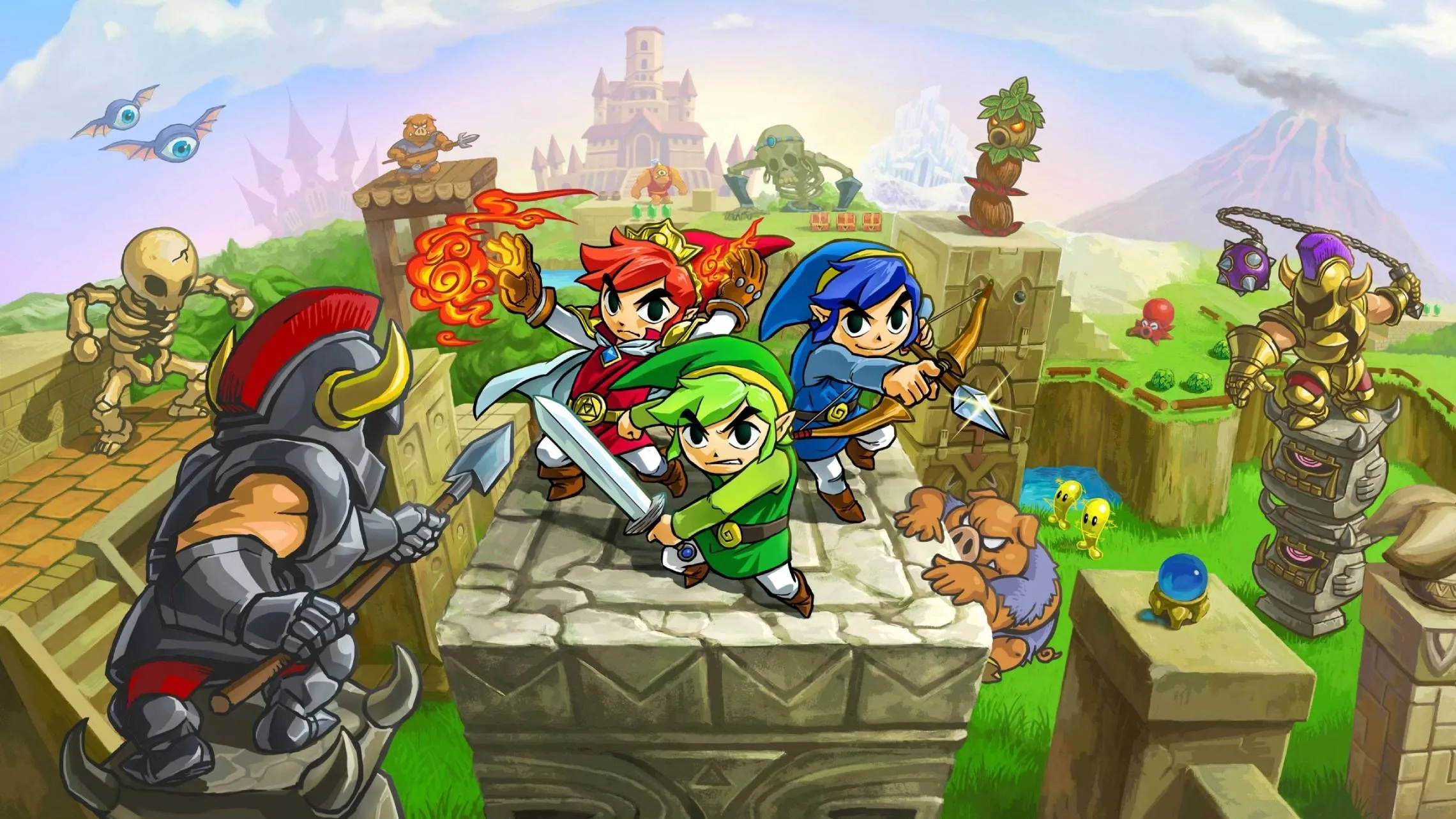 Hình minh họa ba Link cùng chiến đấu trong The Legend of Zelda: Tri Force Heroes trên Nintendo 3DS