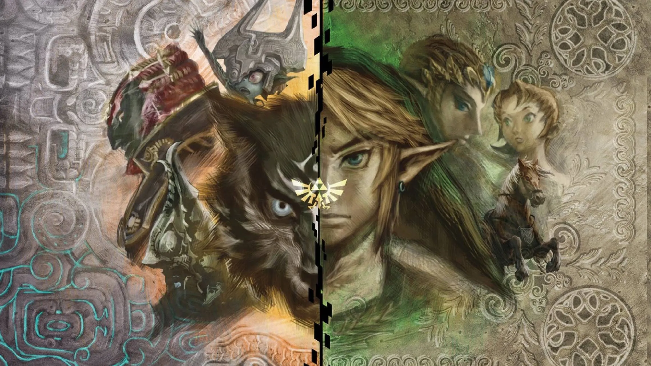Hình minh họa chính thức dàn nhân vật và Link dưới hai hình dạng người và sói trong The Legend of Zelda: Twilight Princess