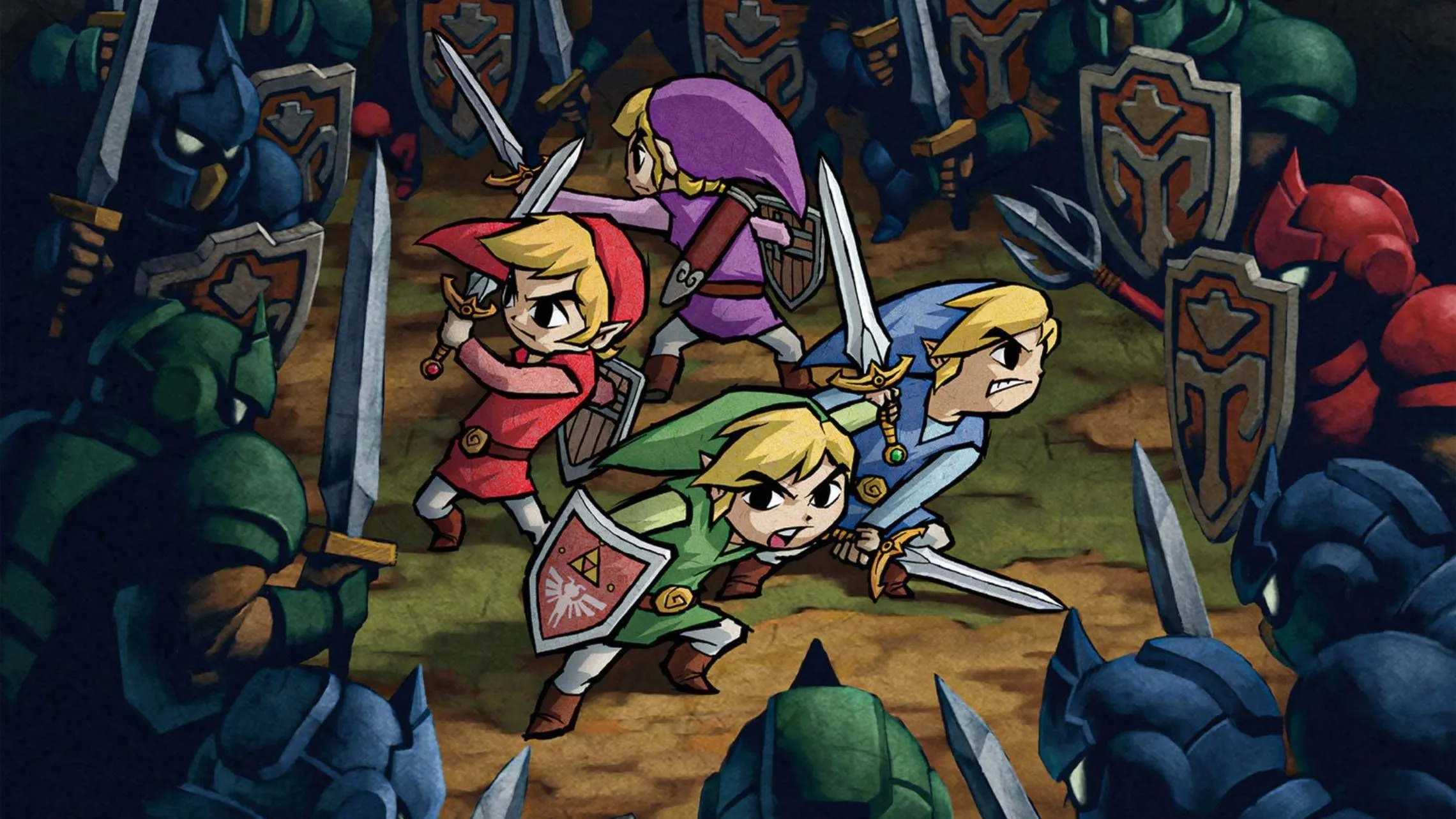 Hình minh họa chính thức từ The Legend of Zelda: Four Swords Adventure với nhiều phiên bản Link chiến đấu
