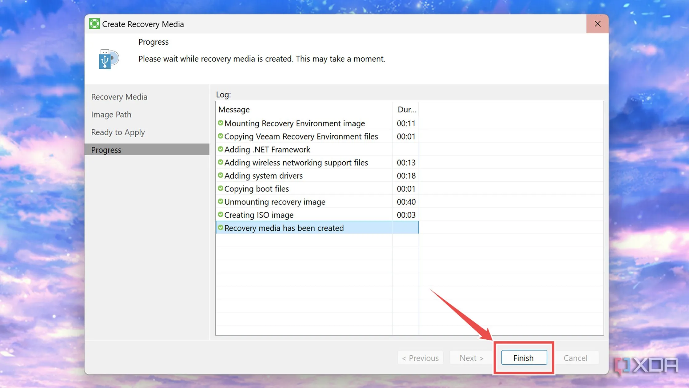 Hoàn tất quá trình tạo ảnh phục hồi trong Veeam Backup Agent