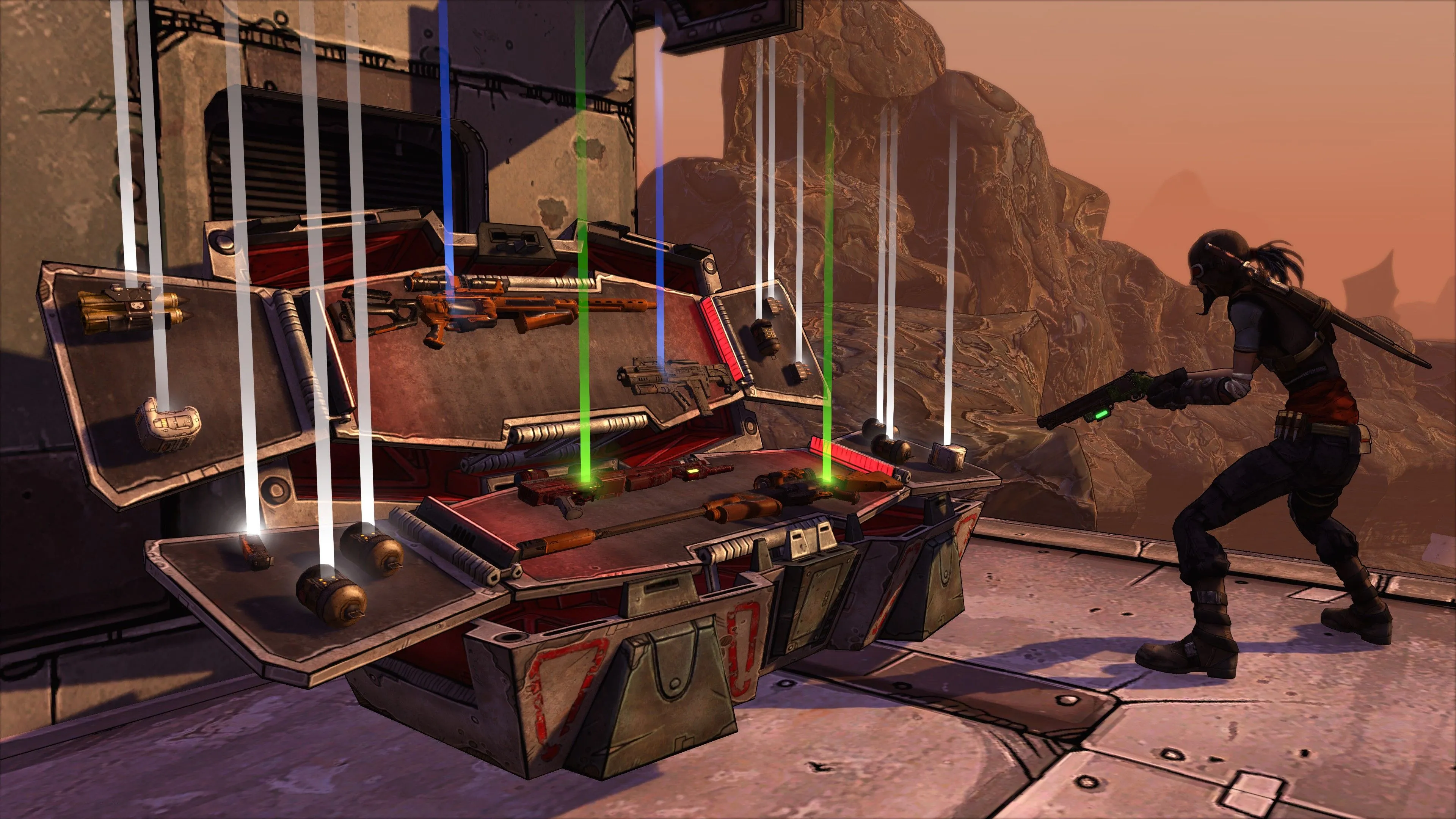 Hòm loot đồ mở ra với vũ khí trong Borderlands, biểu tượng của thể loại looter-shooter
