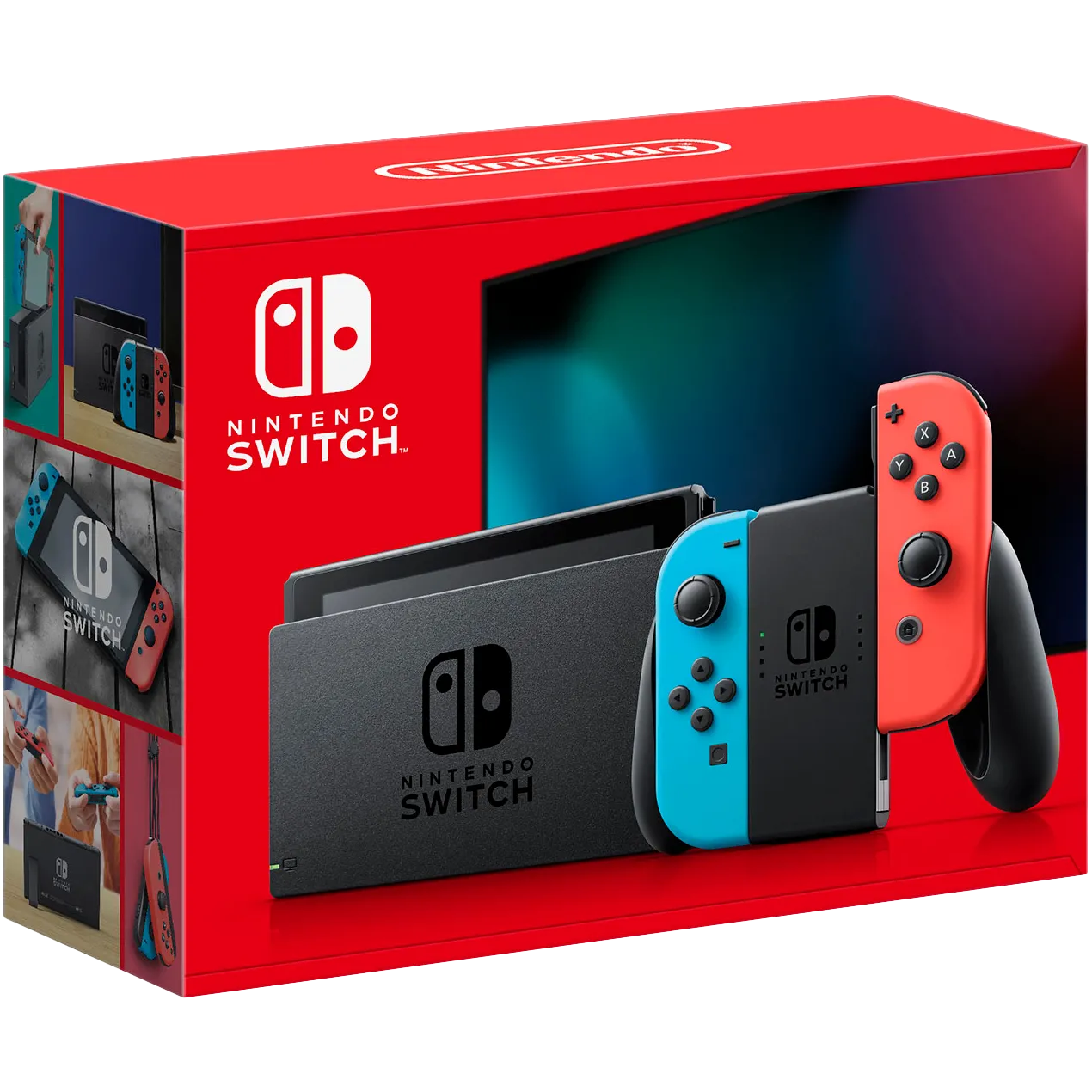 Hộp bán lẻ của mẫu Nintendo Switch tiêu chuẩn với Joy-Con màu đỏ và xanh lam