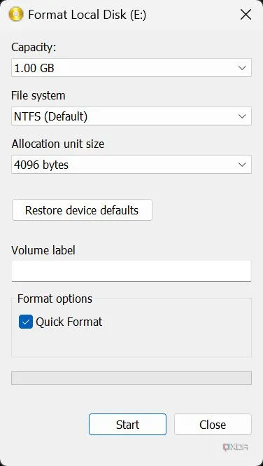 Hộp thoại định dạng ổ đĩa trong ImDisk Virtual Disk Driver, cho phép chọn ký tự ổ đĩa và kích thước