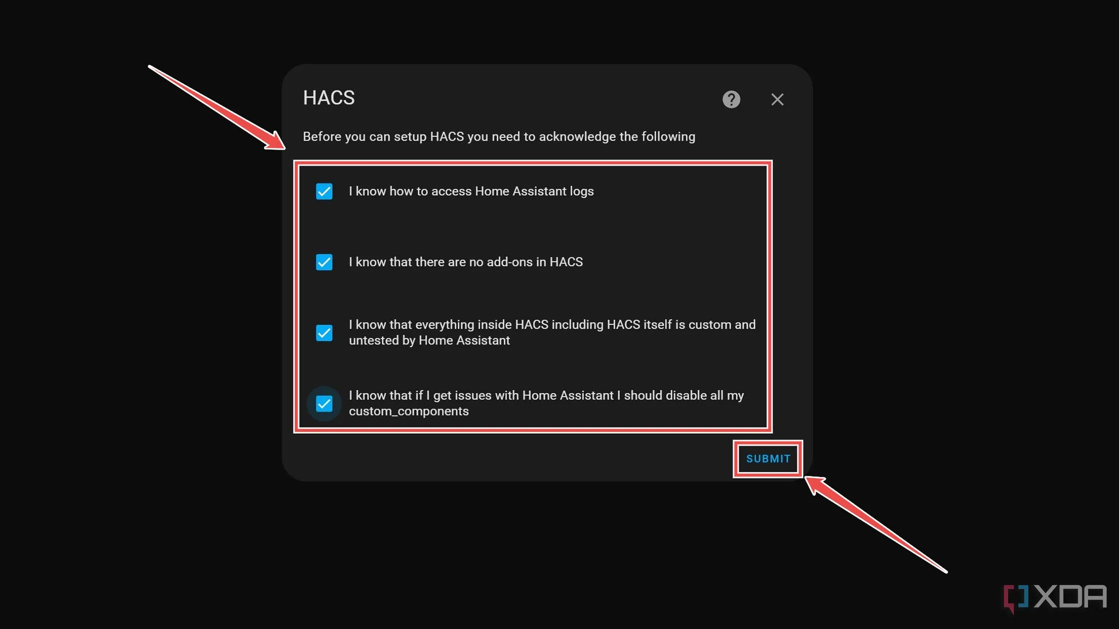 Hộp thoại yêu cầu đồng ý các điều khoản Acknowledgments của HACS trong Home Assistant