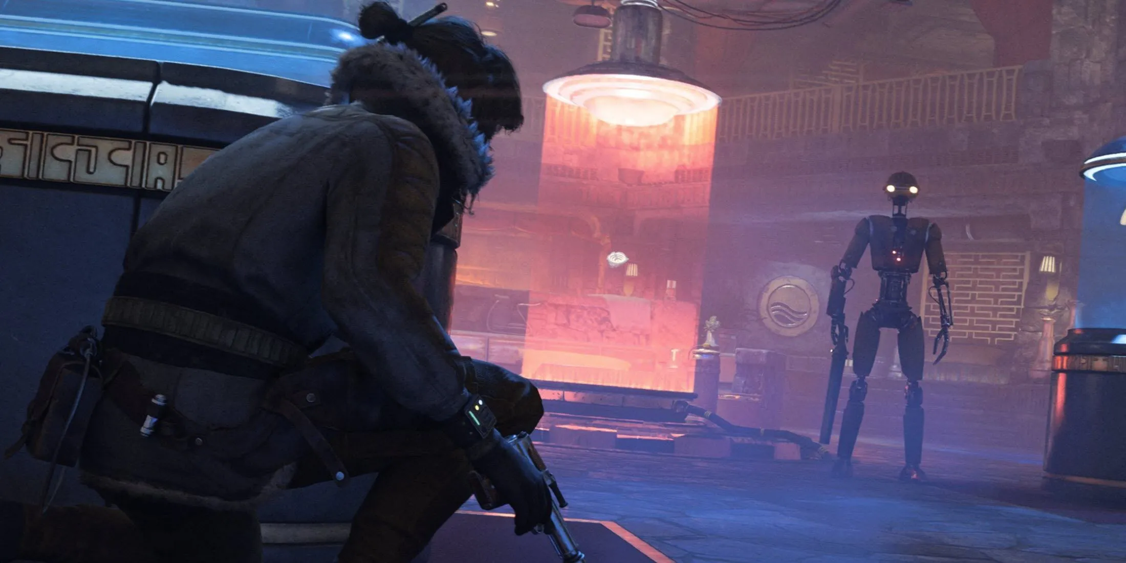 Kay Vess và người bạn đồng hành Nix trong Star Wars Outlaws đang trên speeder