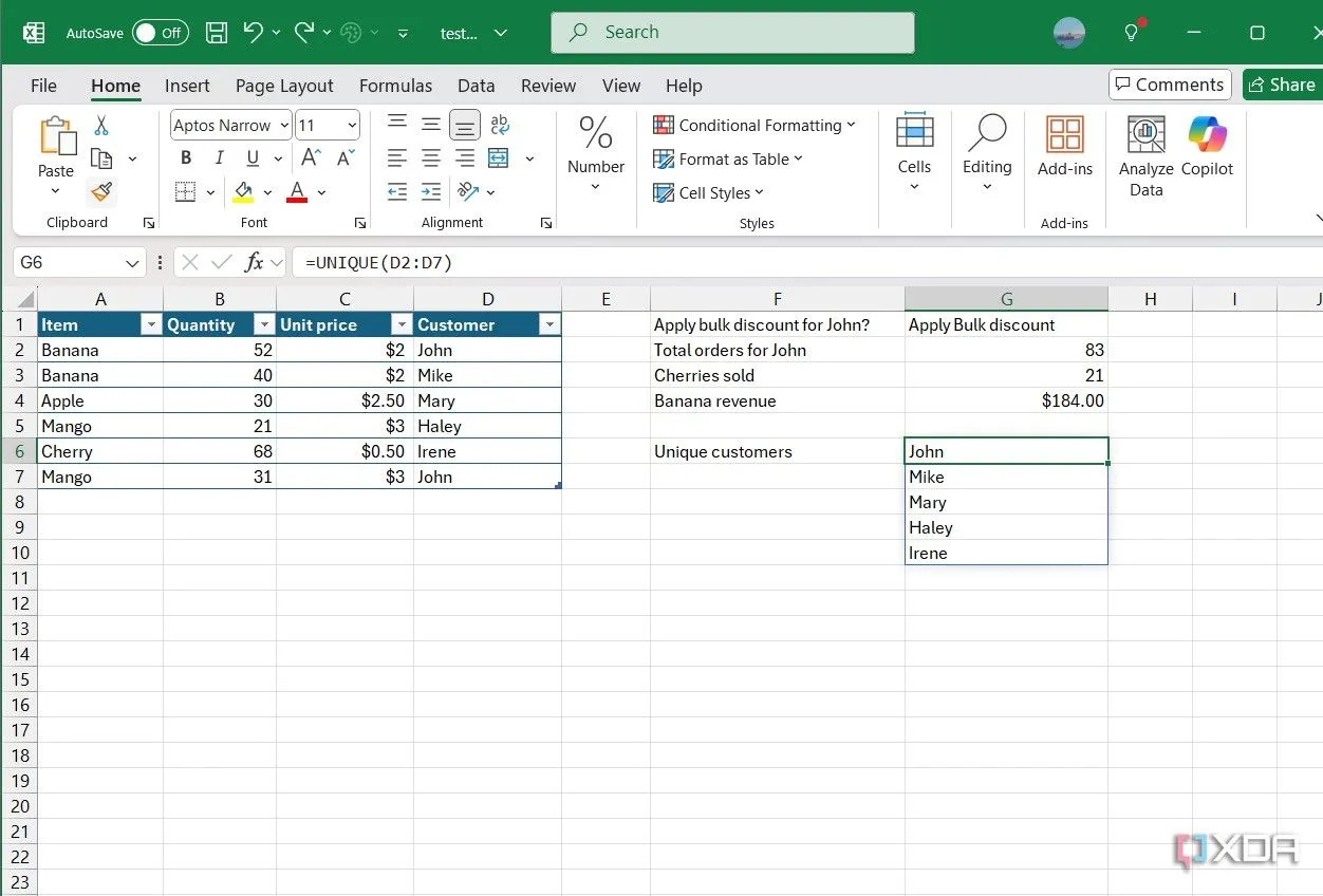 Kết quả của hàm UNIQUE trong Excel hiển thị danh sách tên khách hàng không trùng lặp.