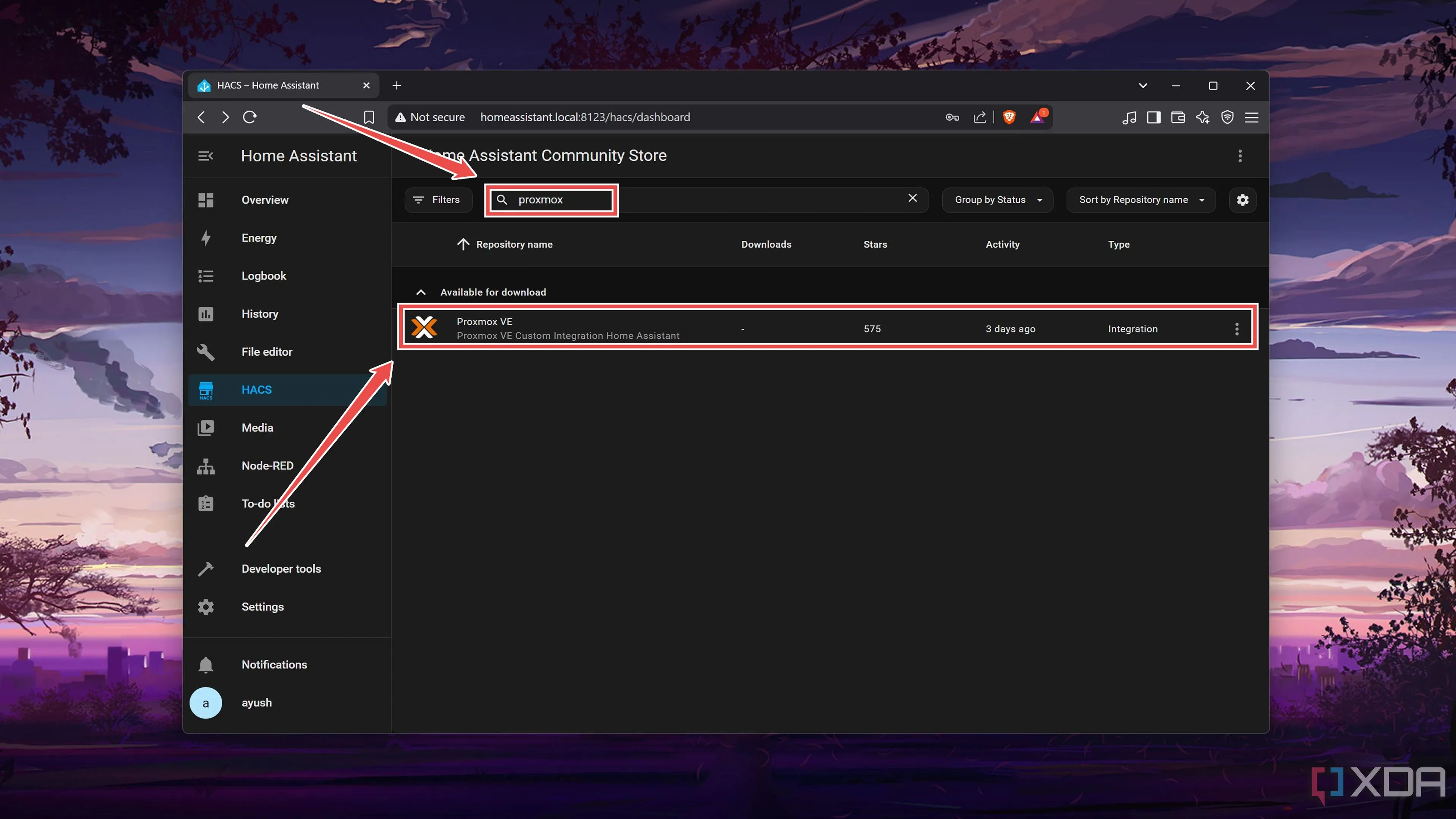 Kết quả tìm kiếm 'Proxmox VE' trong HACS để chọn tích hợp