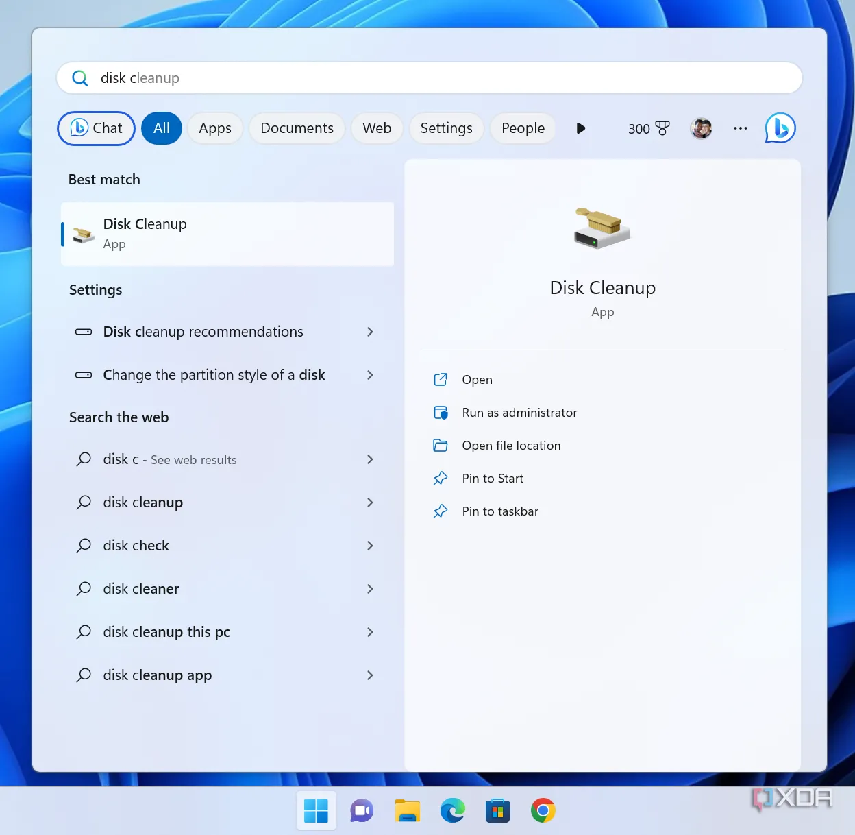 Kết quả tìm kiếm trên Windows 11 hiển thị Disk Cleanup là kết quả hàng đầu
