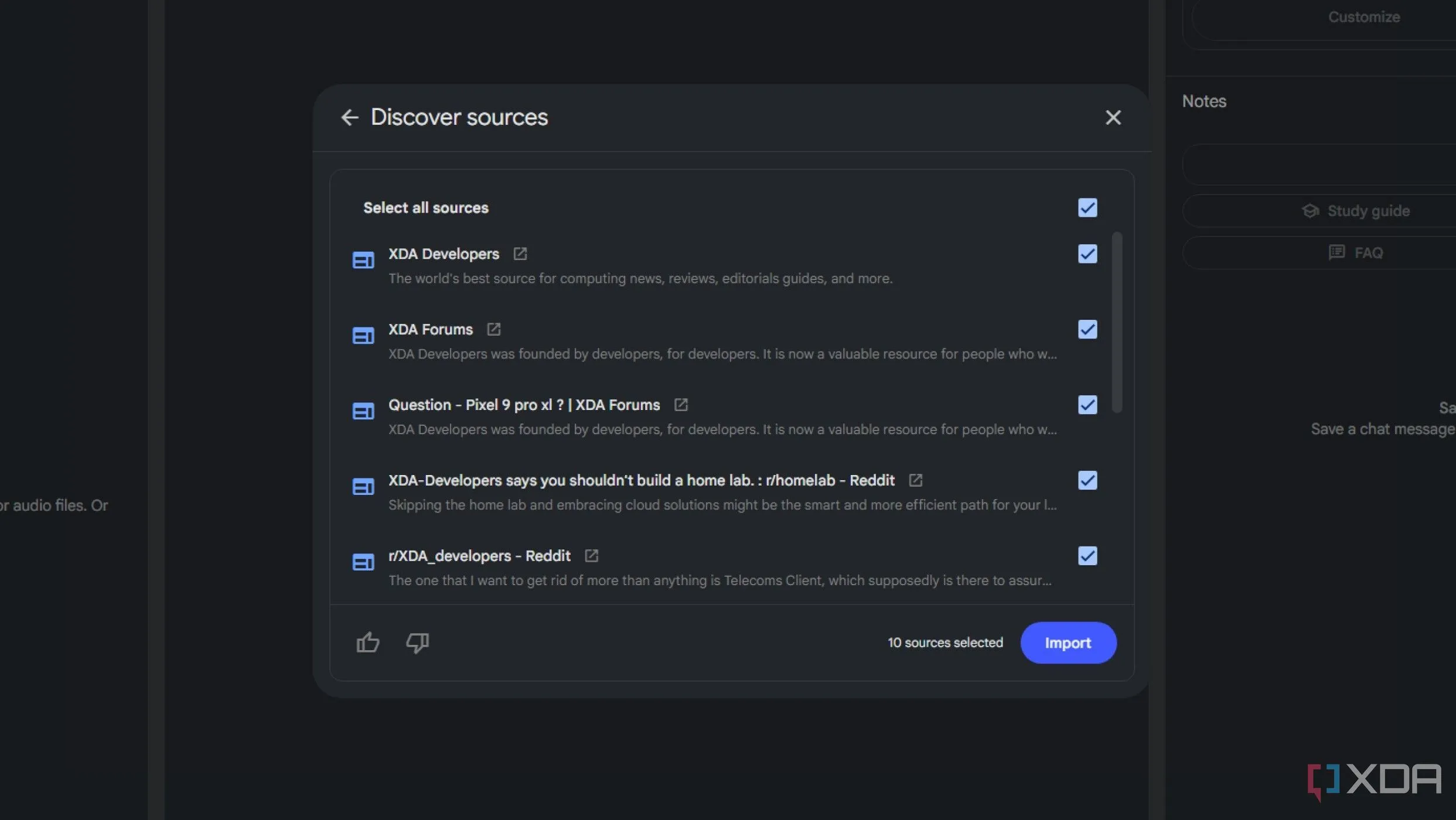 Kết quả tính năng 'Discover sources' của NotebookLM hiển thị các nguồn web và Reddit sau khi tìm kiếm từ khóa 'XDA-developers'.