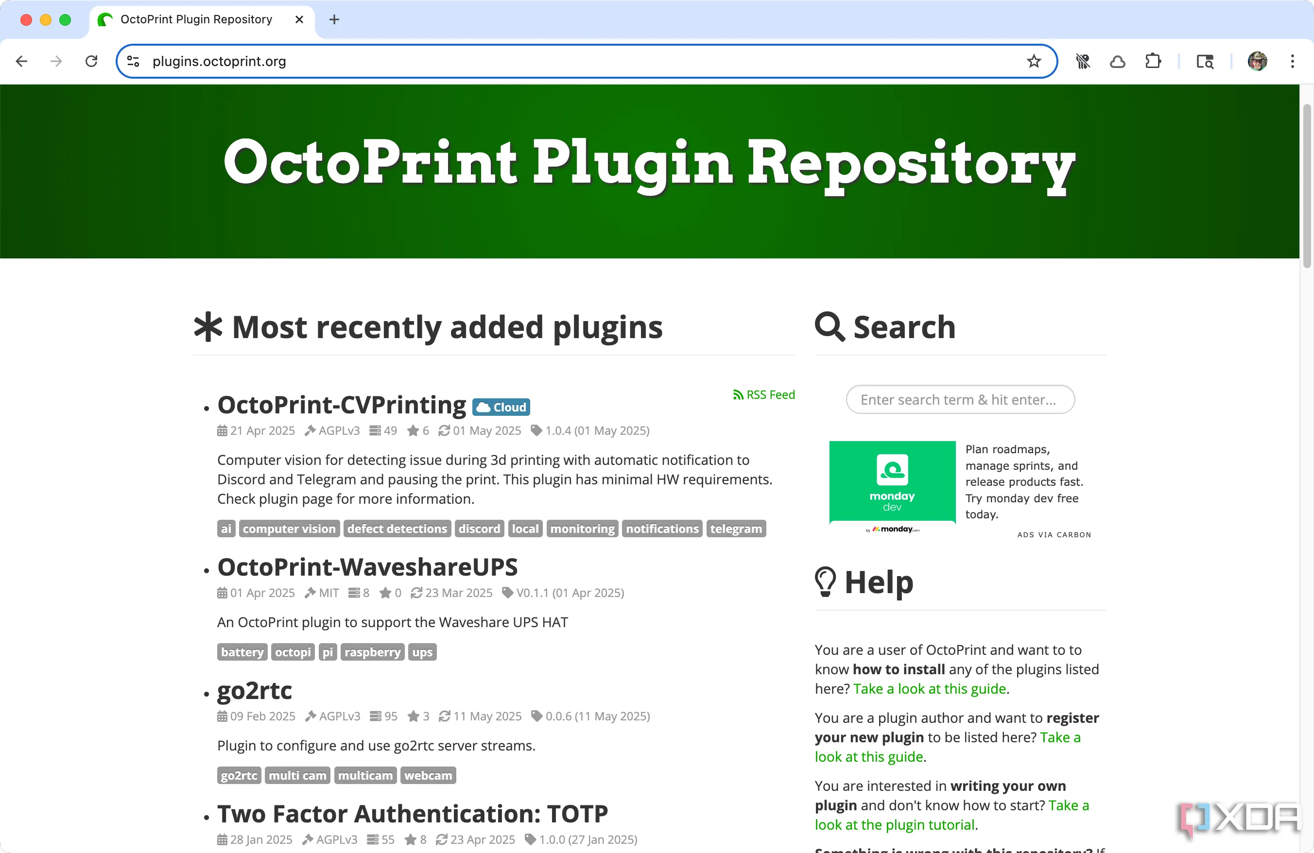 Kho plugin của OctoPrint, minh họa khả năng mở rộng chức năng và tự động hóa mạnh mẽ thông qua cộng đồng.