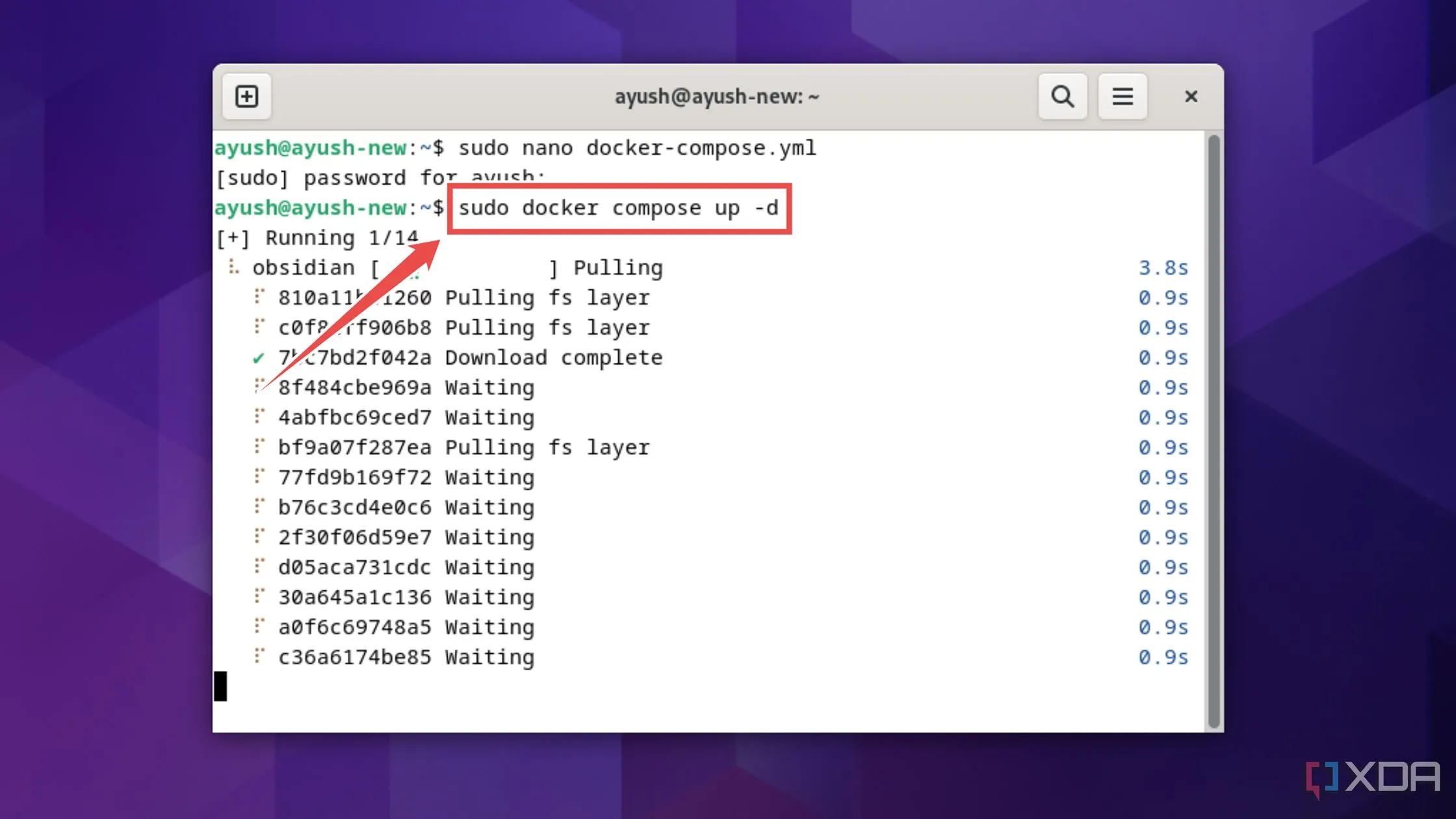 Khởi chạy container Obsidian bằng lệnh docker compose up -d