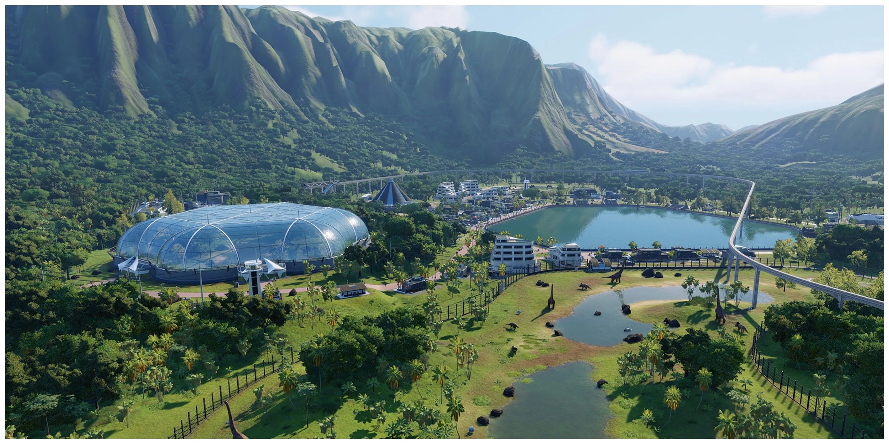 Khủng long cổ dài Triceratops dạo chơi yên bình trong công viên xanh mát của Jurassic World Evolution 2 dưới ánh nắng