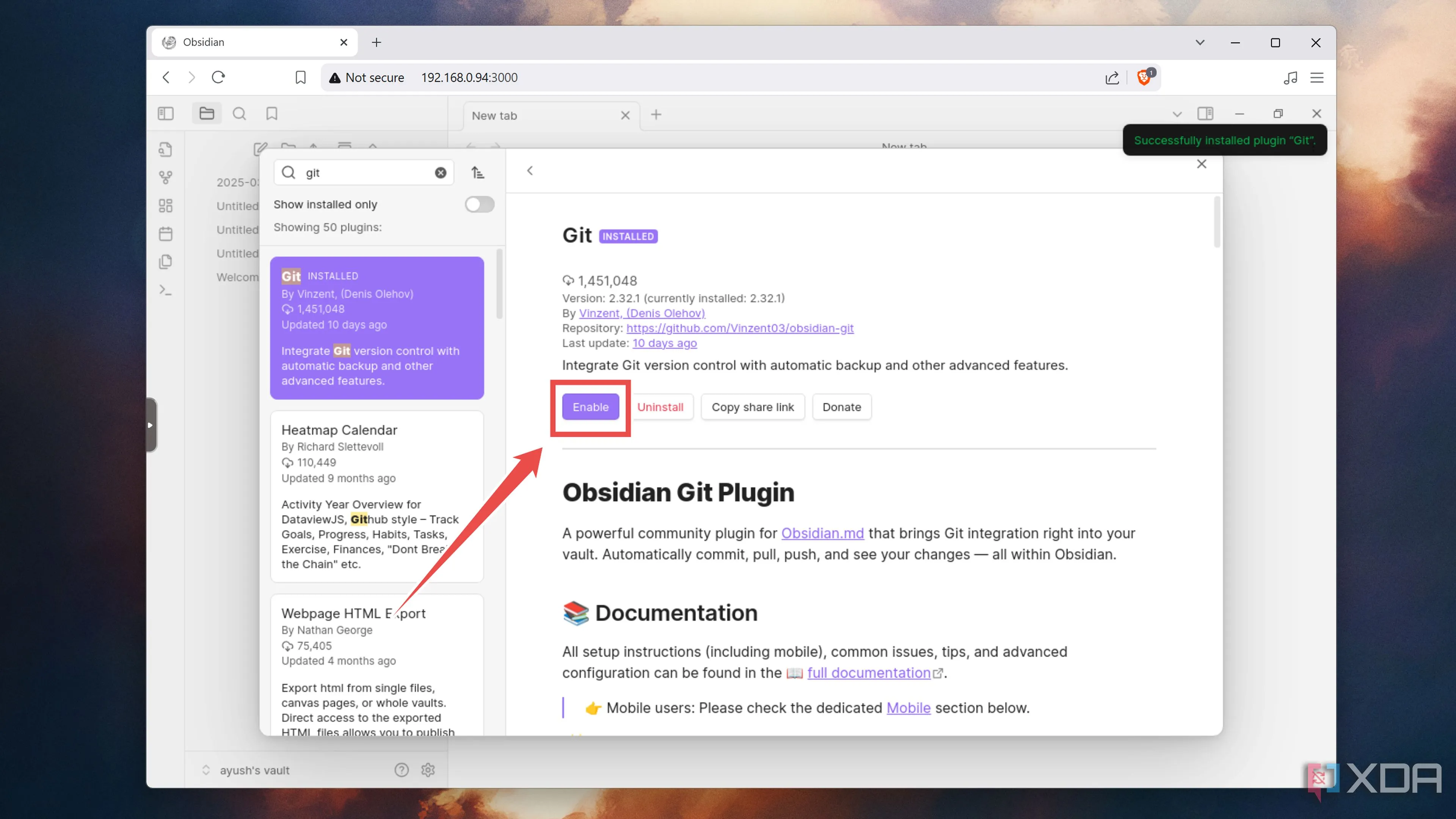 Kích hoạt plugin Git đã cài đặt để sử dụng tính năng đồng bộ Git trong Obsidian