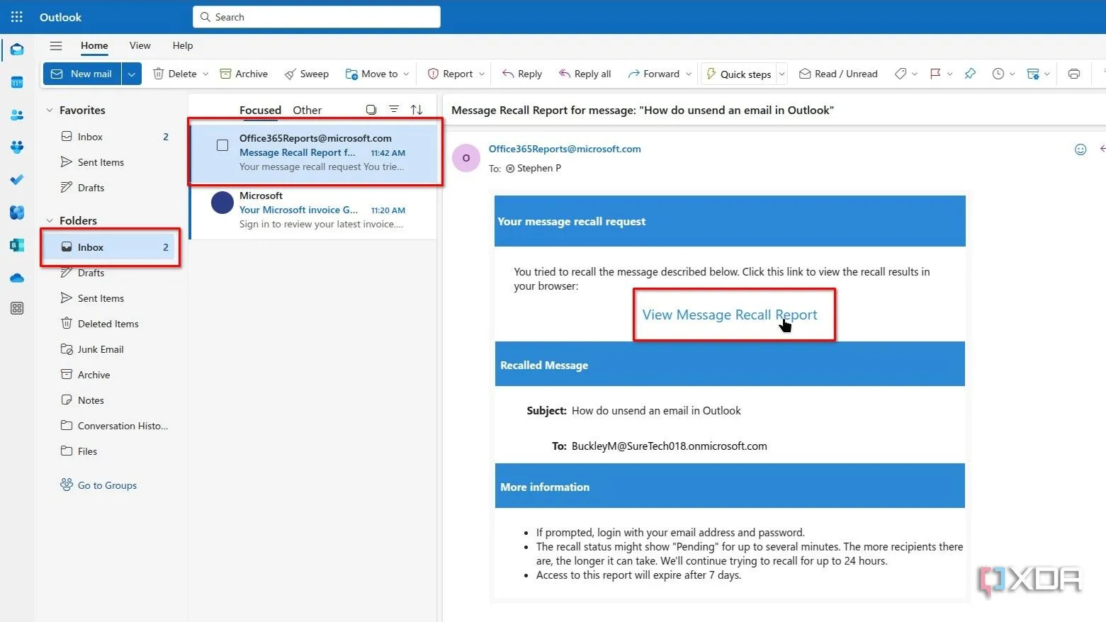 Kiểm tra trạng thái thu hồi email đã gửi trong hộp thư đến của Outlook.