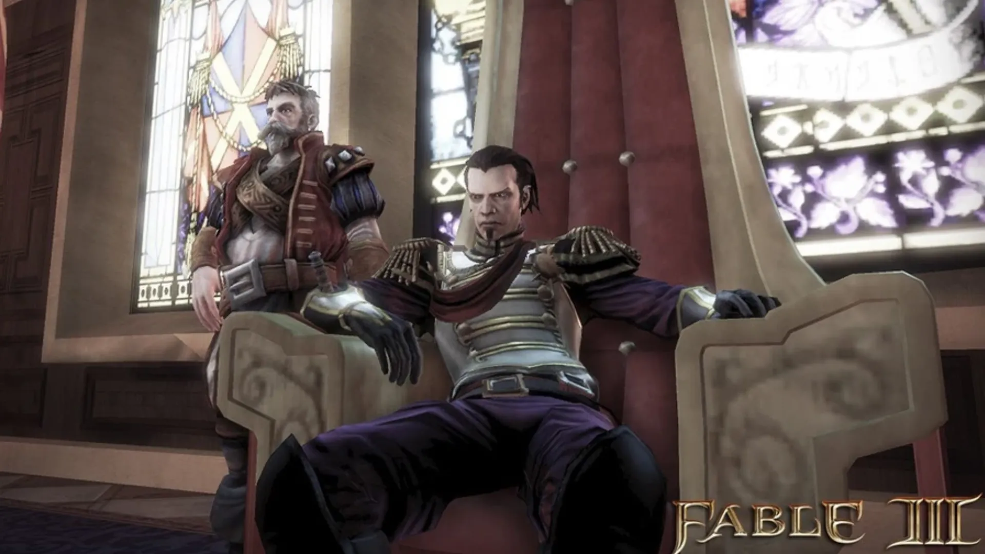 King Logan ngồi trên ngai vàng của Albion trong Fable III