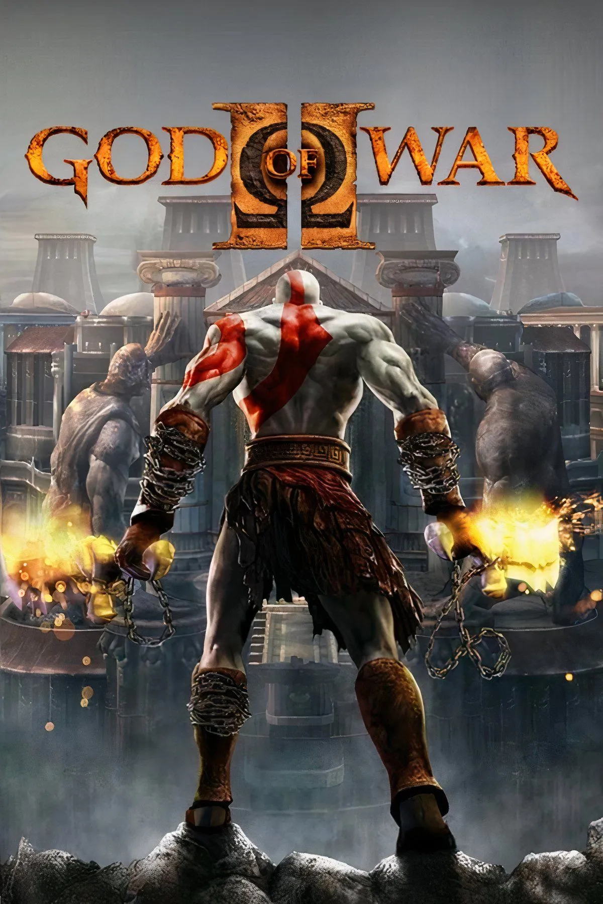 Kratos đang chiến đấu với quái vật khổng lồ trong God of War II, thể hiện quy mô của các trận đánh boss và hành động mãn nhãn.