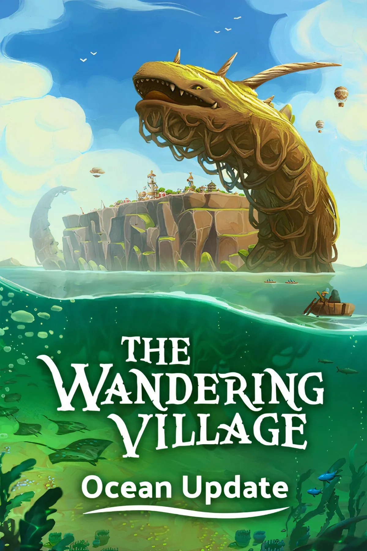 Làng trên lưng sinh vật khổng lồ Onbu trong The Wandering Village, di chuyển qua một khu rừng