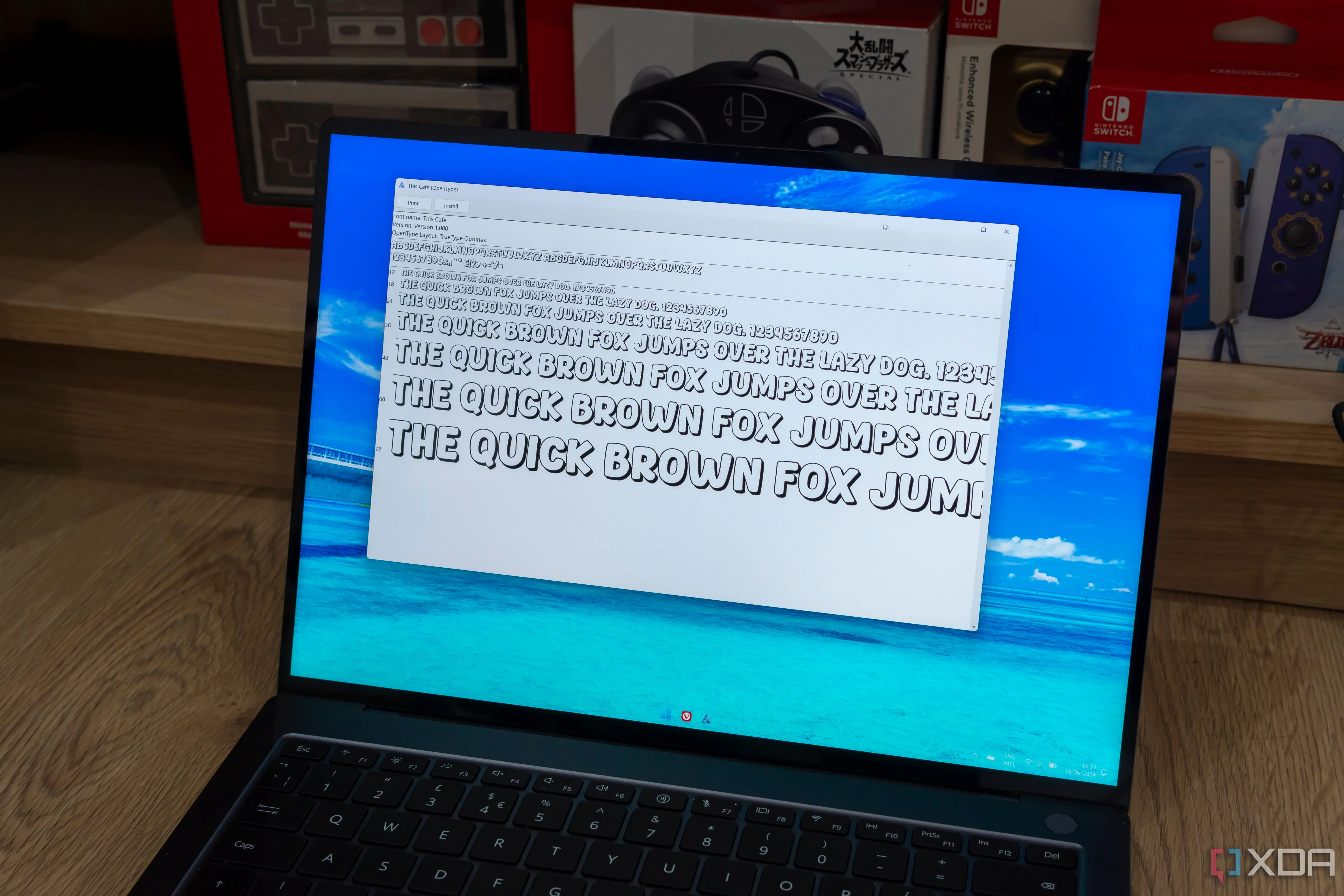 Laptop hiển thị bản xem trước font chữ trên Windows 11, minh họa khả năng quản lý font của NexusFont.