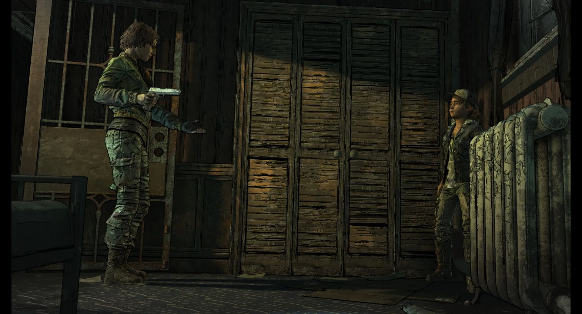 Lee và Clementine cùng nhau đối mặt với hiểm nguy trong The Walking Dead, tượng trưng cho những lựa chọn sinh tử và sự tồn tại trong thế giới khắc nghiệt