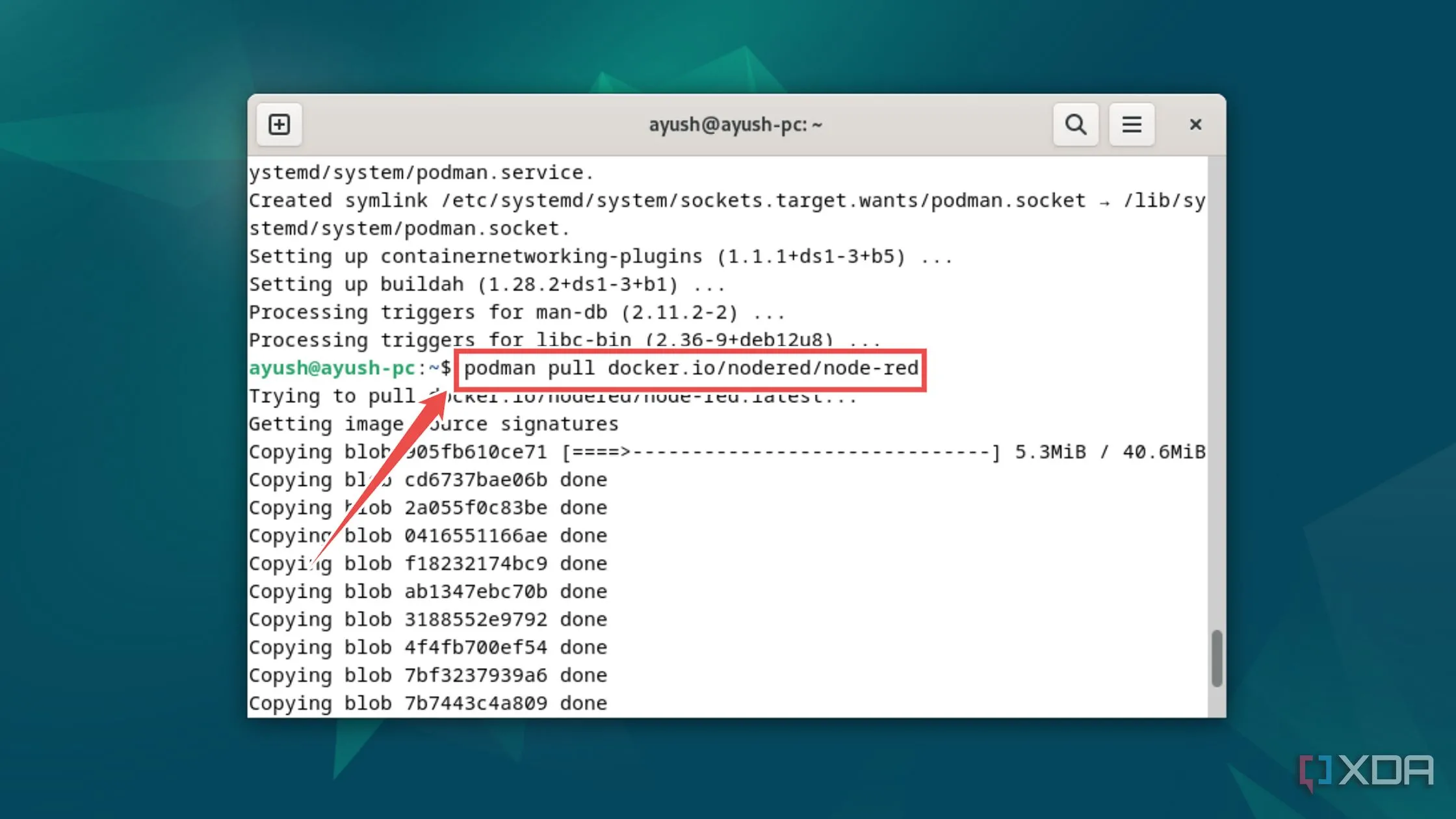 Lệnh Podman pull đang tải về image Node-RED từ Docker Hub, sẵn sàng cho việc triển khai container