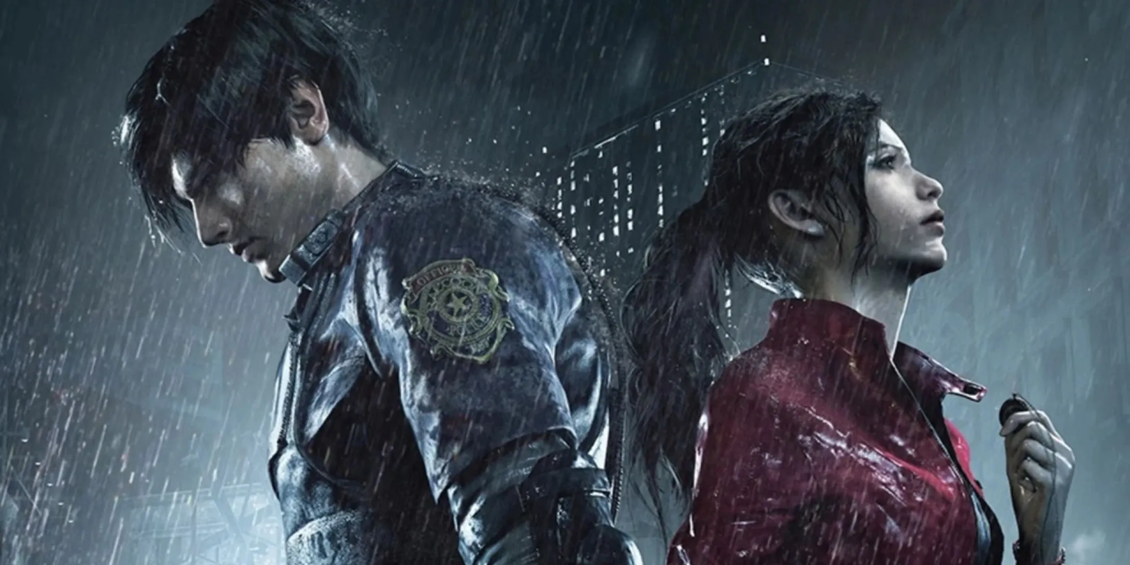 Leon và Claire đứng tựa lưng trong mưa, bối cảnh đen tối của Resident Evil 2 Remake.