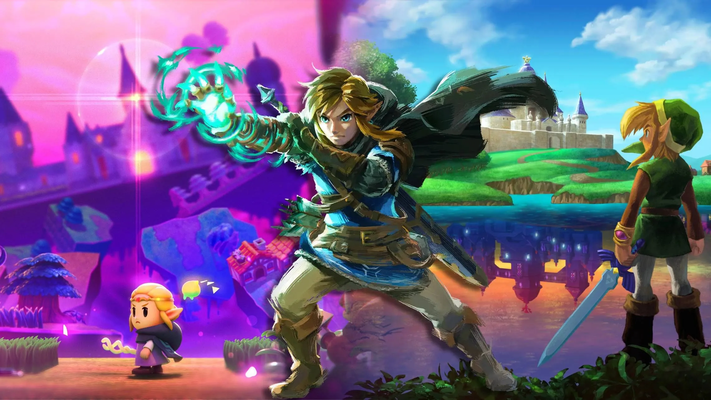 Link và Công chúa Zelda trong các phiên bản game The Legend of Zelda, gợi nhớ đến đến Zelda 2 đầy thử thách trên NES.