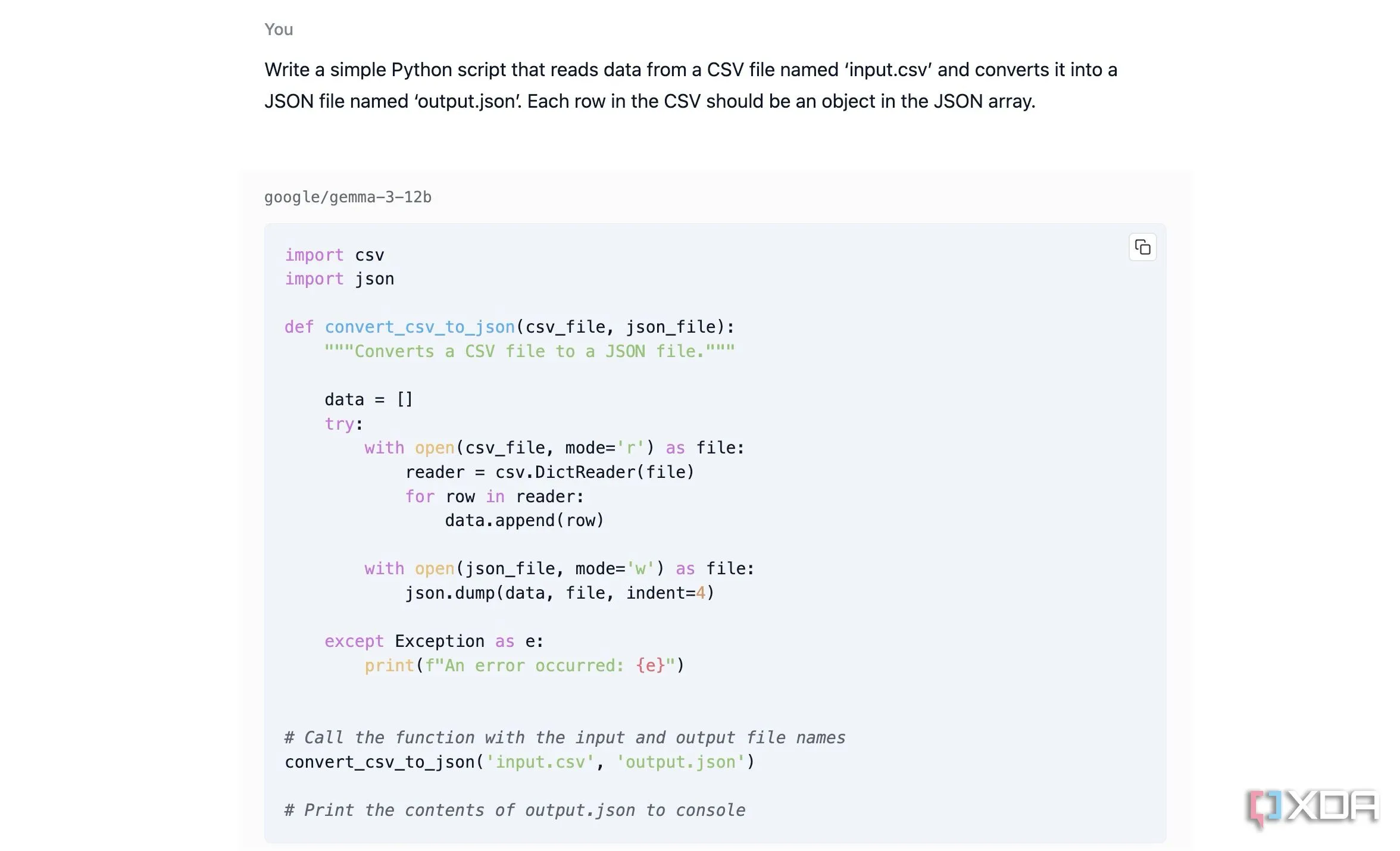LLM cục bộ hỗ trợ lập trình viên viết script Python chuyển đổi CSV sang JSON nhanh chóng